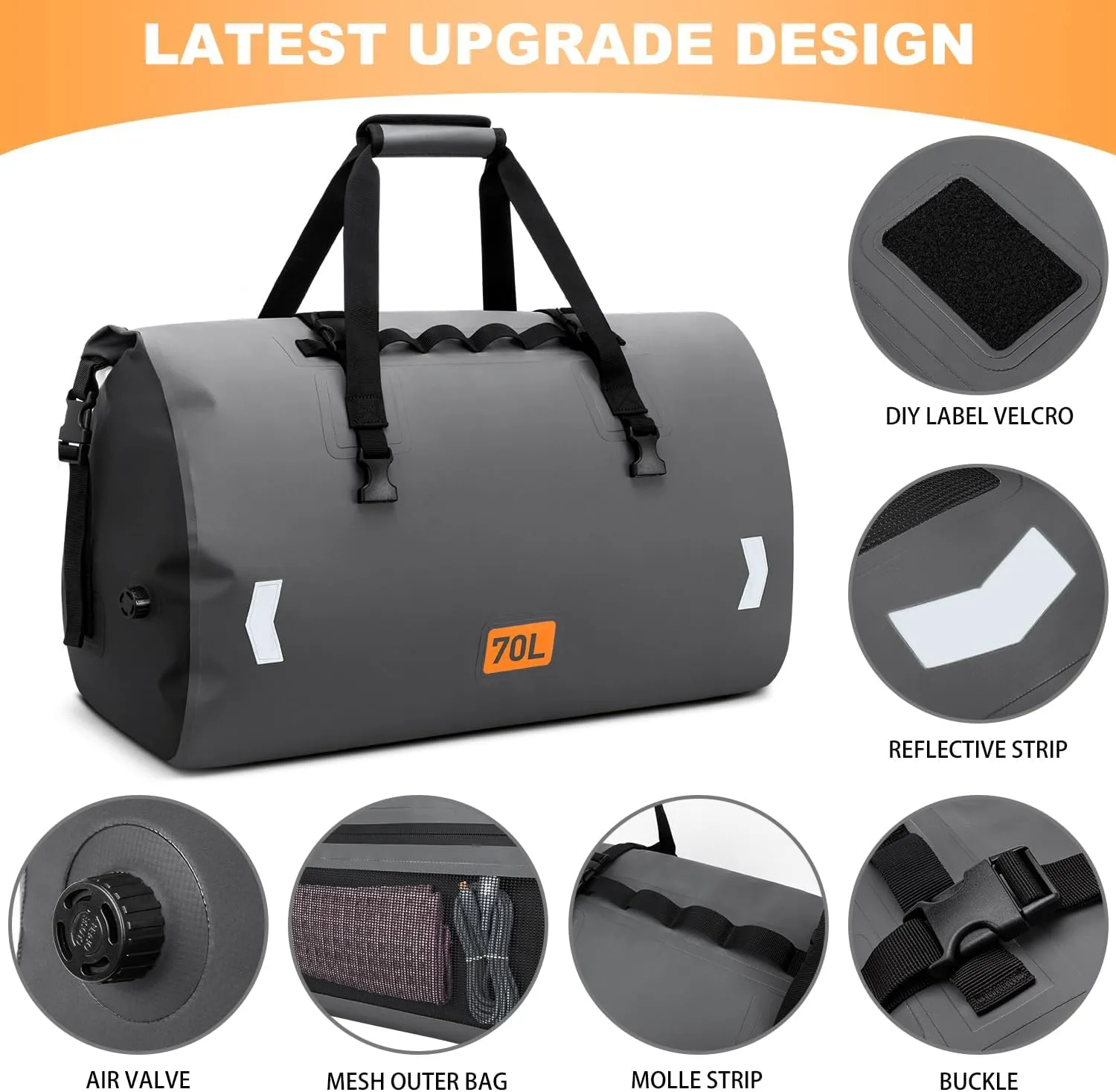 Motorcycle Dry Bag, Waterproof Duffel Bag & Roll-top Dry Duffel Bag, Motorcycle Luggage Travel Bag with Air Valve & Quick-adjust Straps For Riding,Travel, Grey，70L