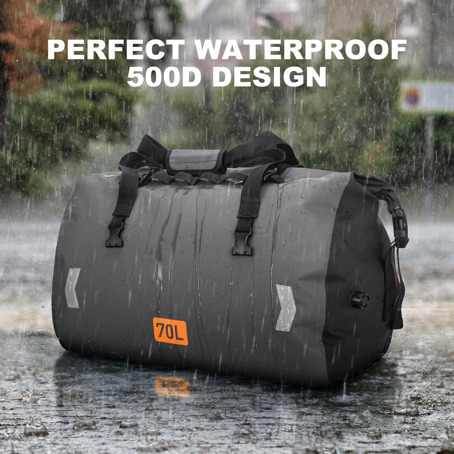 Motorcycle Dry Bag, Waterproof Duffel Bag & Roll-top Dry Duffel Bag, Motorcycle Luggage Travel Bag with Air Valve & Quick-adjust Straps For Riding,Travel, Grey，70L