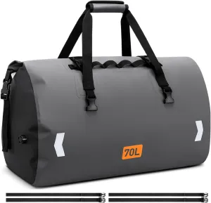 Motorcycle Dry Bag, Waterproof Duffel Bag & Roll-top Dry Duffel Bag, Motorcycle Luggage Travel Bag with Air Valve & Quick-adjust Straps For Riding,Travel, Grey，70L