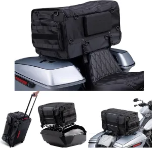 Motorcycle Touring Seat Bag Trolley Case with Wheels, Waterproof Suitcase, Luggage, Duffel, Tail, Tour Trunk, Gear, Rear Rack Bag, Sissy Bar Bag Compatible with Harley (50L/13Gallons)