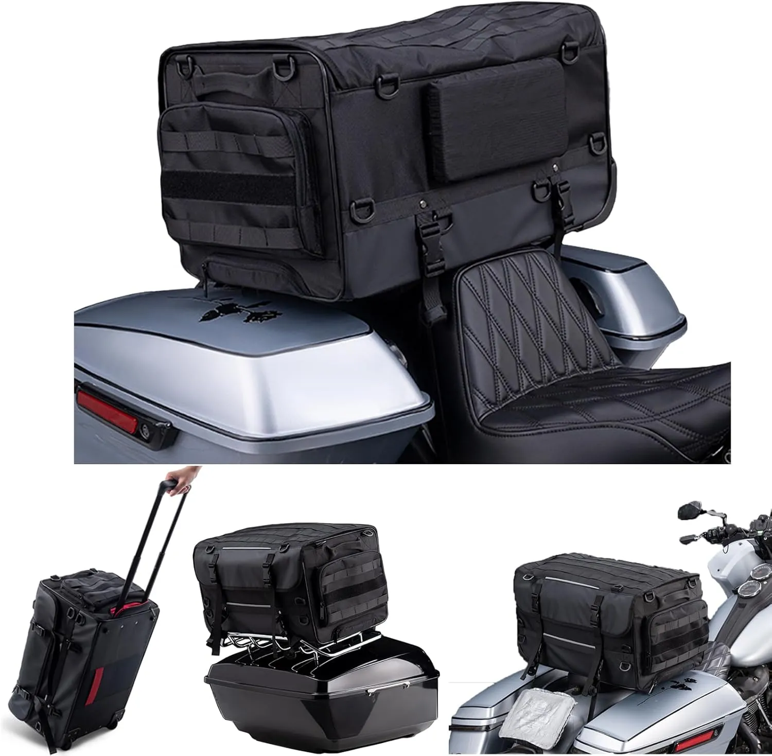 Motorcycle Touring Seat Bag Trolley Case with Wheels, Waterproof Suitcase, Luggage, Duffel, Tail, Tour Trunk, Gear, Rear Rack Bag, Sissy Bar Bag Compatible with Harley (50L/13Gallons)