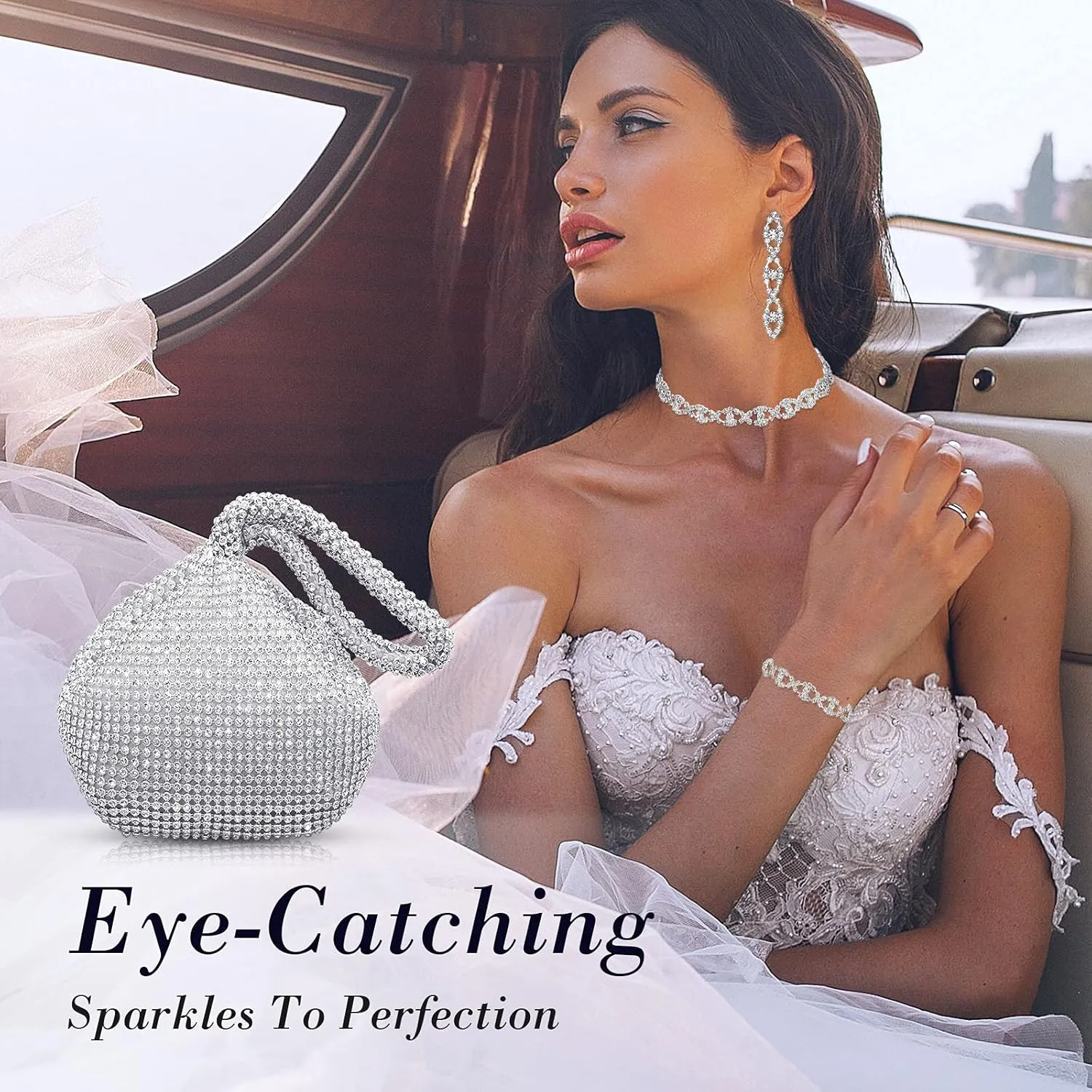 MTLEE 4 Pieces Rhinestone Necklace Choker Bracelet Earring Clutch Purses Jewelry Set Women Crystal Triangle Bling Diamond Purse Rhinestone Bag for Wedding Party