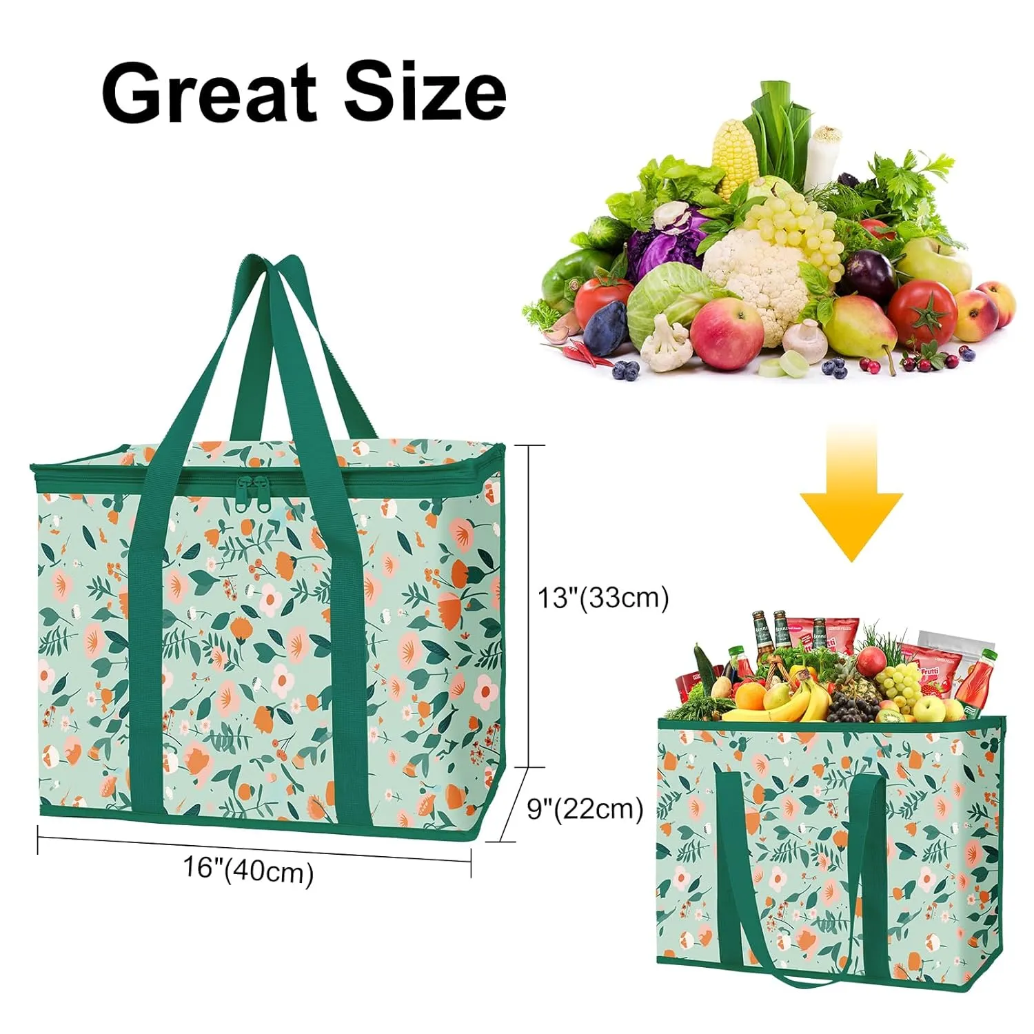 musbus 2-Pack extra Insulated Grocery shopping bag, large Green leaf, kitchen foldable reusable bags groceries,Sturdy zipper,Collapsible,tote,cooler,for transport women,Durable carrier