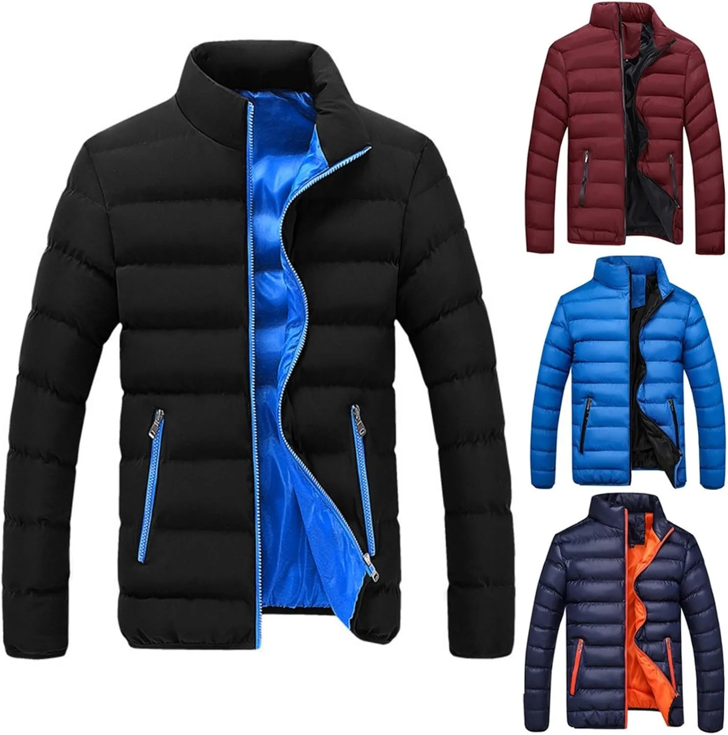 Muscularfit Fashion Jackets for Men Winter Warm Quilted Windproof Coats Casual Full Zip Stand Collar Jackets With Zip Pockets