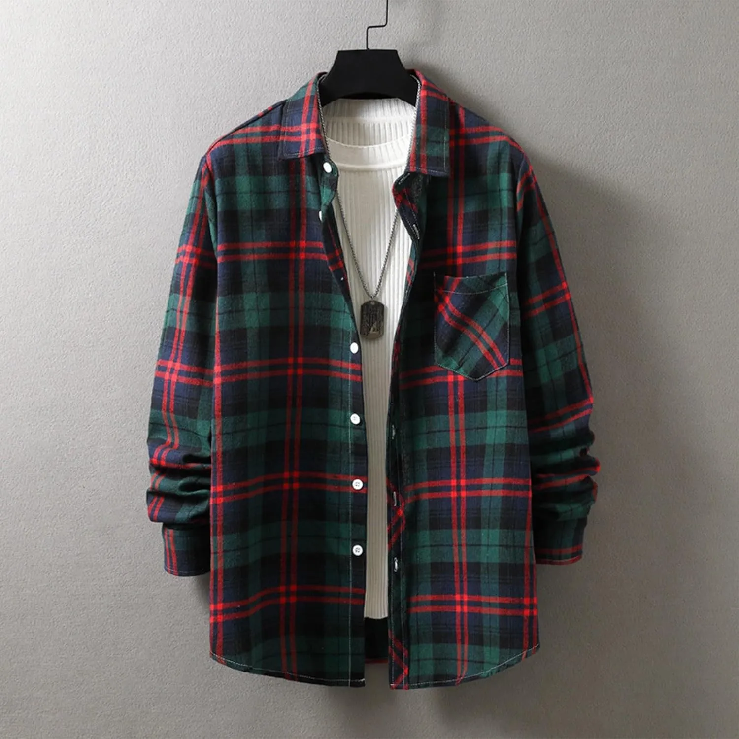 Muscularfit Men's Casual Plaid Shirts Relaxed Fit Long Sleeve Shacket Shirt Coat Button Down Coat Trendy Fall Outdoor Shirts