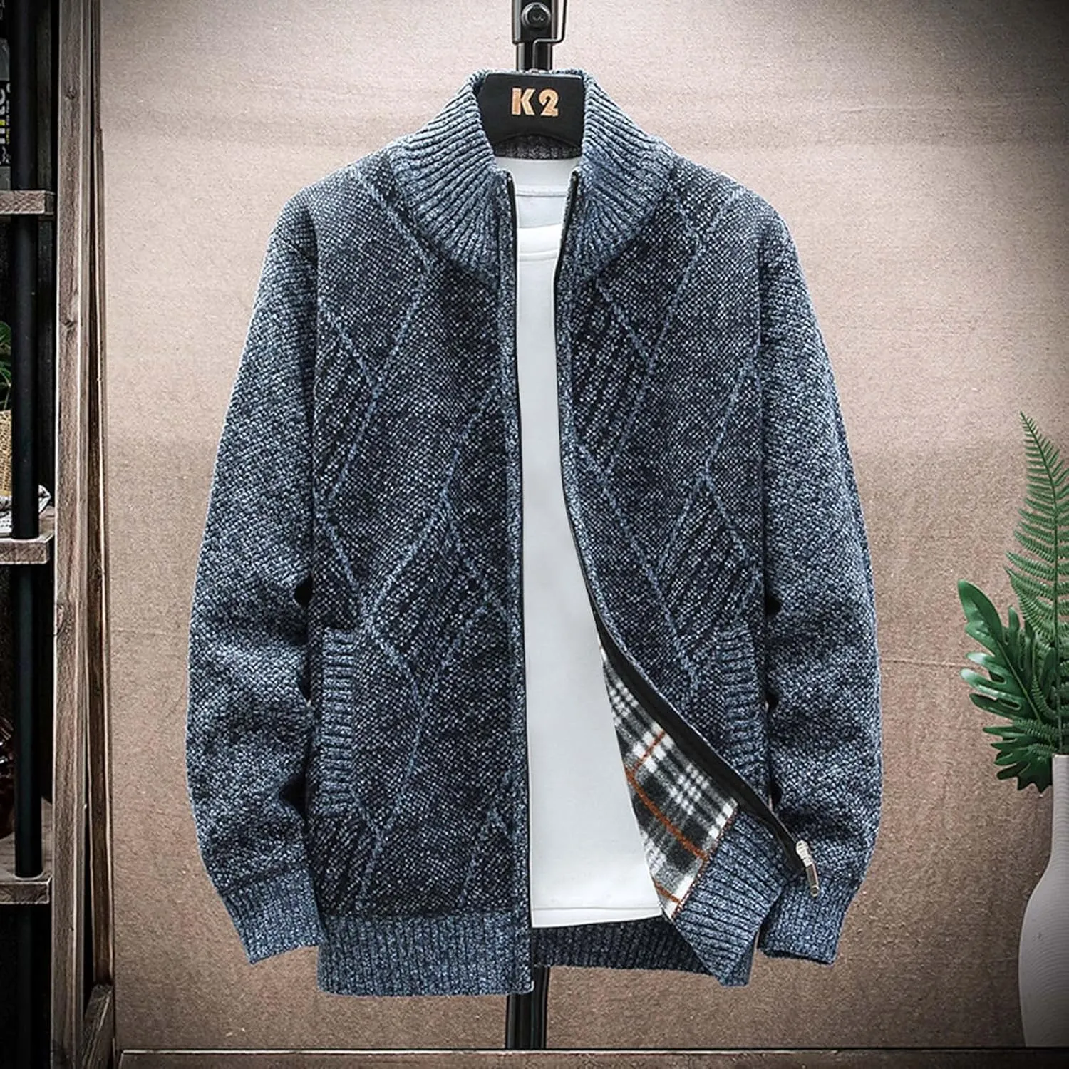 Muscularfit Mens Sweaters Zip Up Big and Tall Long Sleeve Shawl Collar Cable Knit Cardigan Sweater Fashion Coat With Pockets