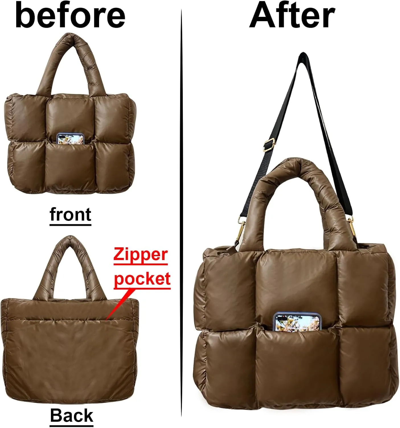 NAARIIAN Puffer Tote Bag for Women, Lightweight Quilted Puffy Shoulder Handbag with Adjustable Shoulder Strap