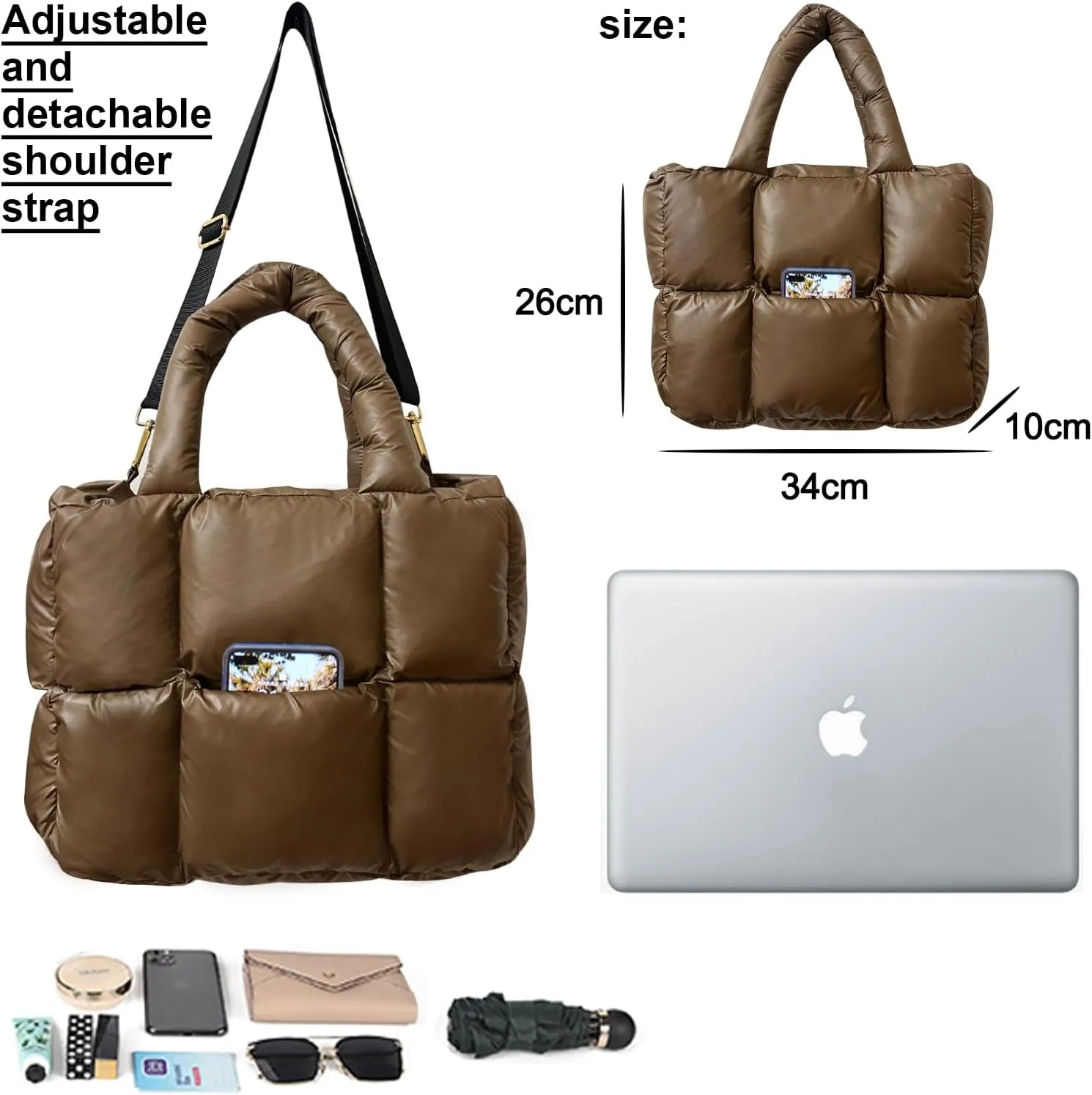 NAARIIAN Puffer Tote Bag for Women, Lightweight Quilted Puffy Shoulder Handbag with Adjustable Shoulder Strap