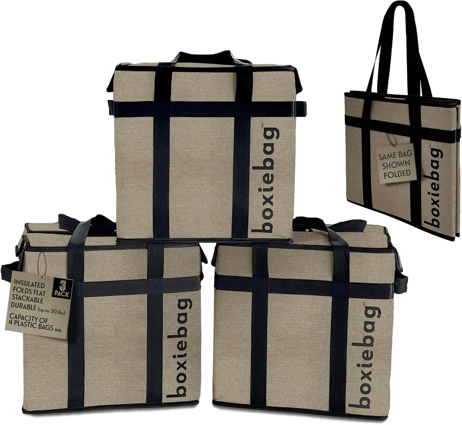 Natural - Oxford 3 Pack. Collapsible Insulated Reusable Bag Box.
