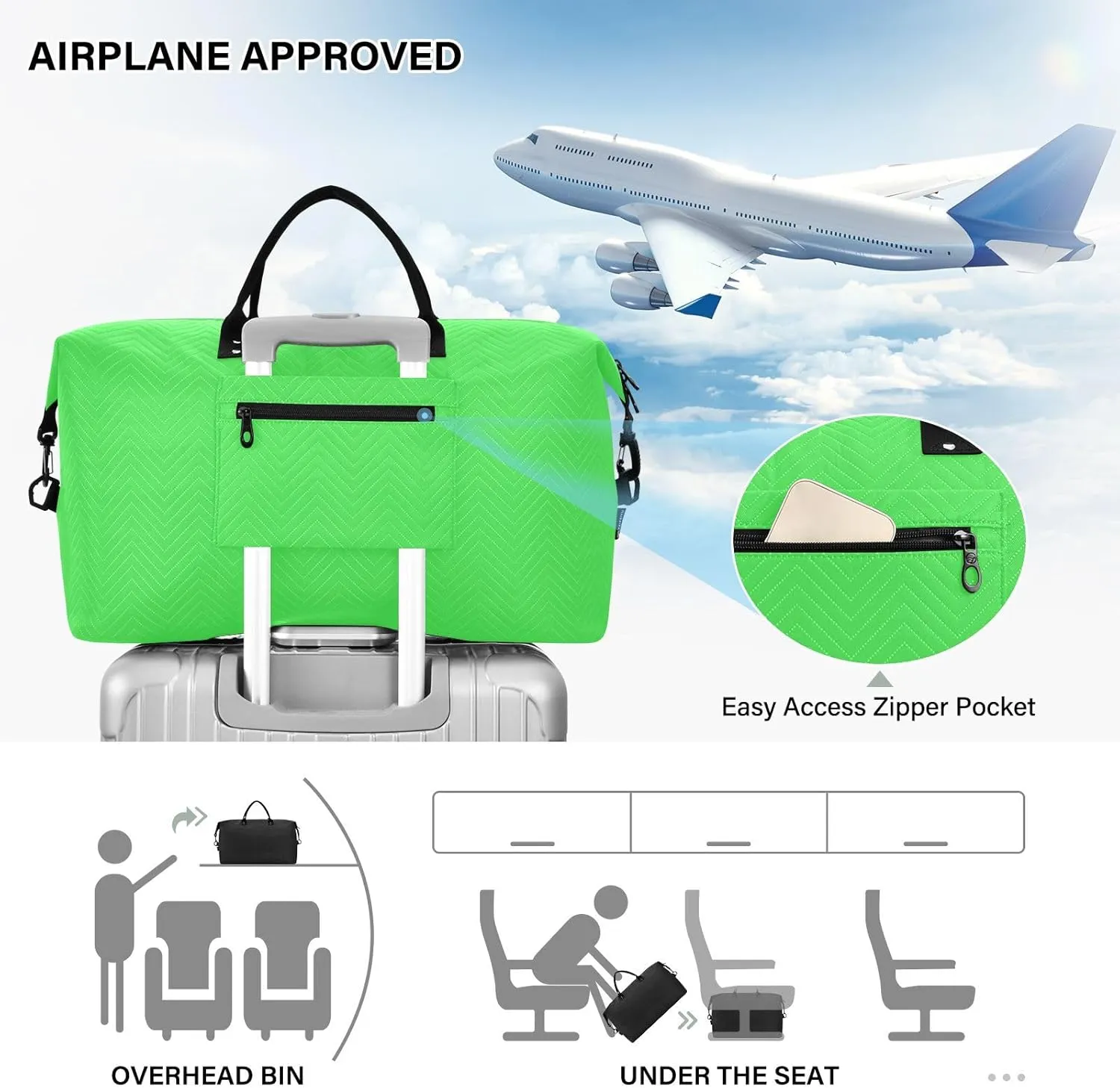 Neon Green Travel Duffel Bag with Toiletry Bag Weekender Bag for Carry on Sports Gym Bag for Gym Yoga Sports
