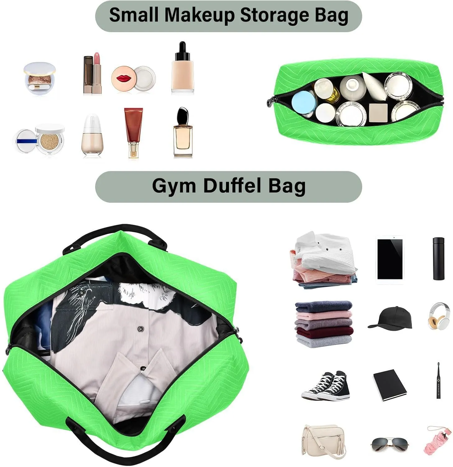 Neon Green Travel Duffel Bag with Toiletry Bag Weekender Bag for Carry on Sports Gym Bag for Gym Yoga Sports