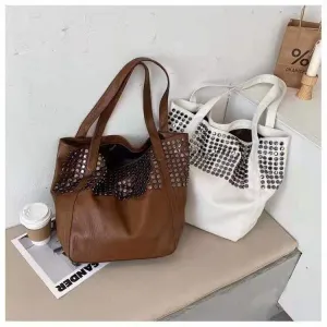 New Fashion Trendy Faux Leather Ladies Office Bags Rivet  Hand Bags Shopping Tote