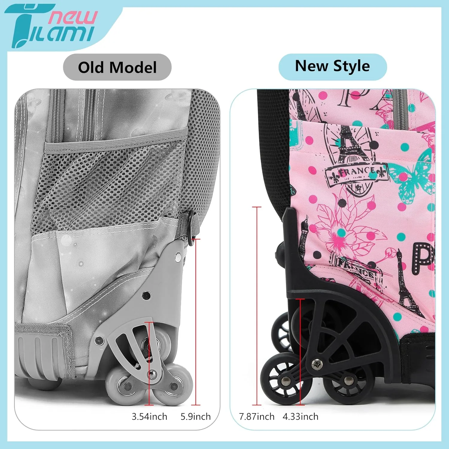 NEW TILAMI 18 inch Rolling Backpack for Kids, Waterproof, Adjustable Handle, Stair Climbing, Large Storage for School, Travel, Girls & Boys, Pink Paris