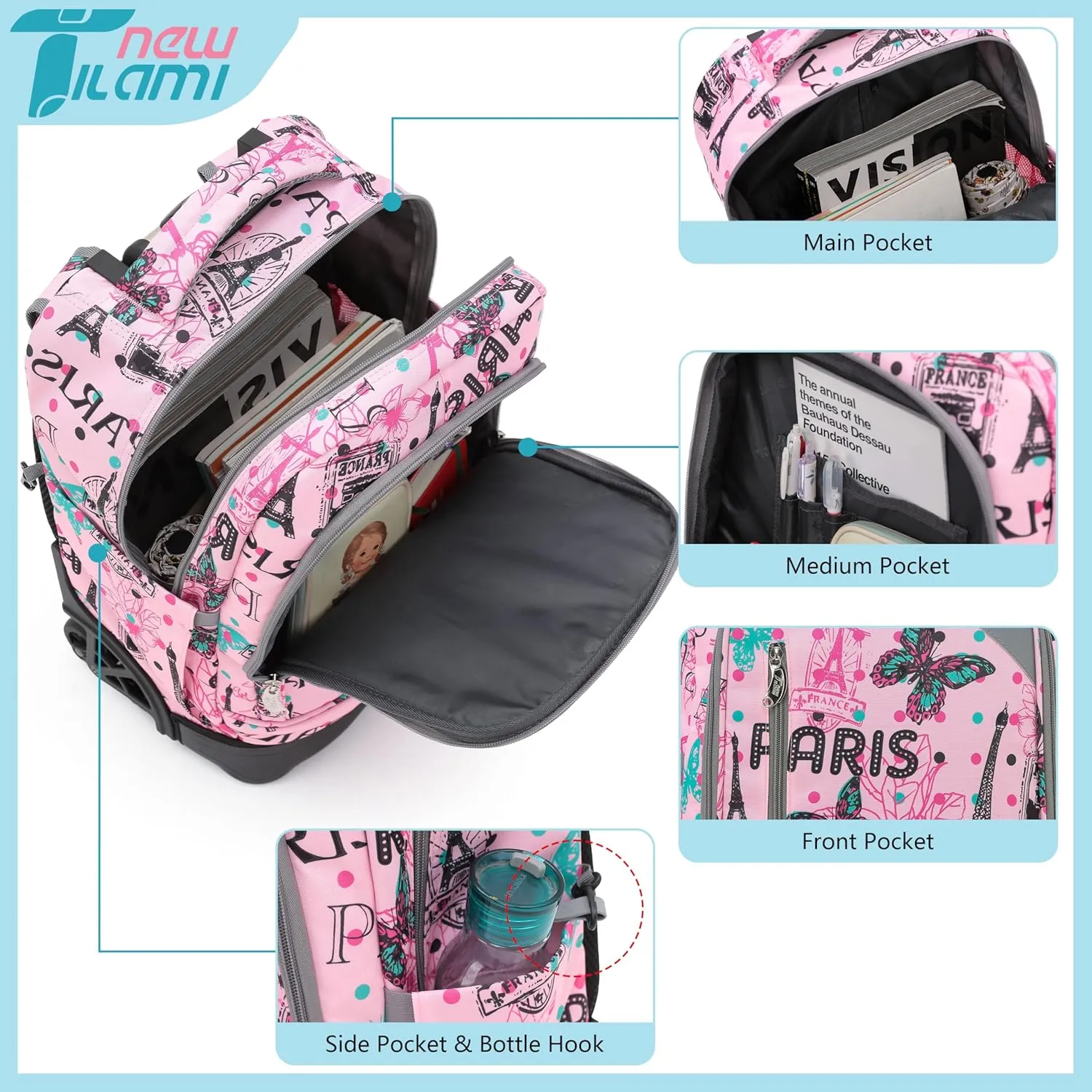 NEW TILAMI 18 inch Rolling Backpack for Kids, Waterproof, Adjustable Handle, Stair Climbing, Large Storage for School, Travel, Girls & Boys, Pink Paris