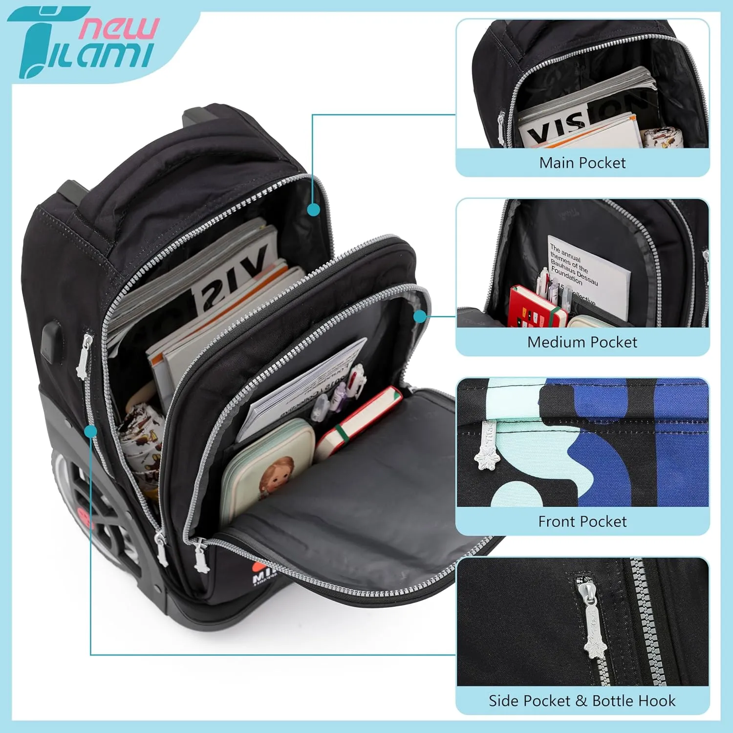NEW TILAMI 19 Inch Wheeled Laptop Backpack with Lunch Bag Bookbag Roller Travel Bag College Women Men for School Travel, So Handsome