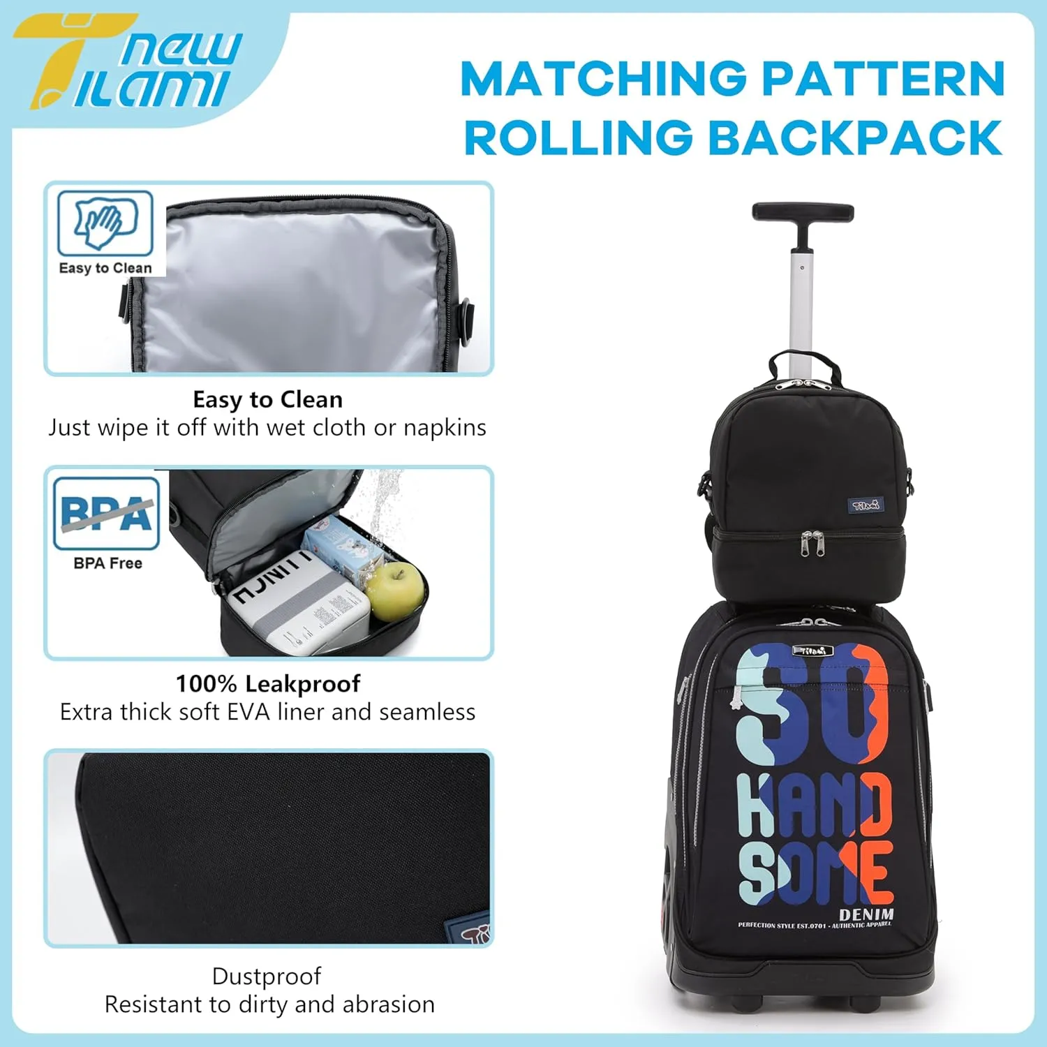 NEW TILAMI 19 Inch Wheeled Laptop Backpack with Lunch Bag Bookbag Roller Travel Bag College Women Men for School Travel, So Handsome