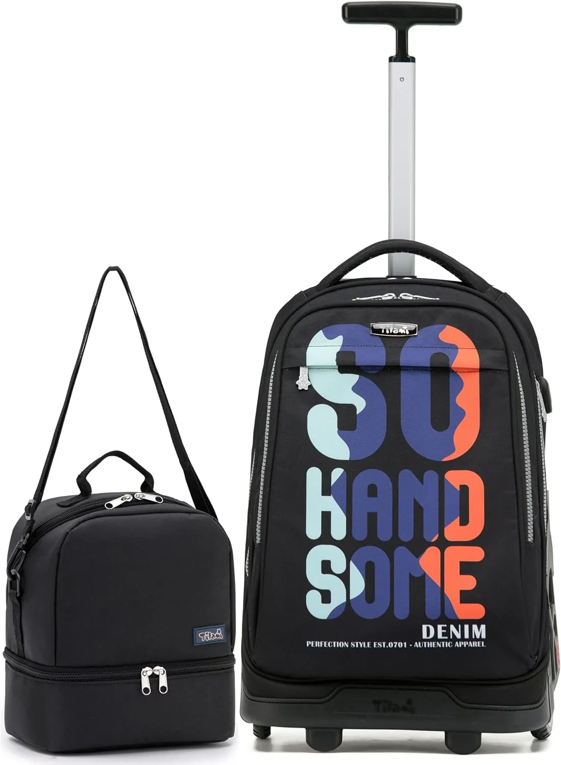 NEW TILAMI 19 Inch Wheeled Laptop Backpack with Lunch Bag Bookbag Roller Travel Bag College Women Men for School Travel, So Handsome