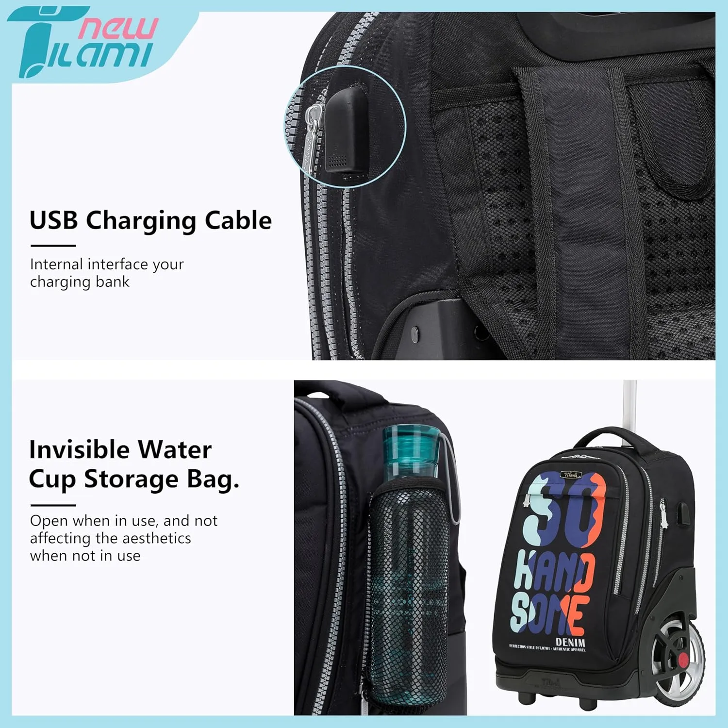 NEW TILAMI 19 Inch Wheeled Laptop Backpack with Lunch Bag Bookbag Roller Travel Bag College Women Men for School Travel, So Handsome