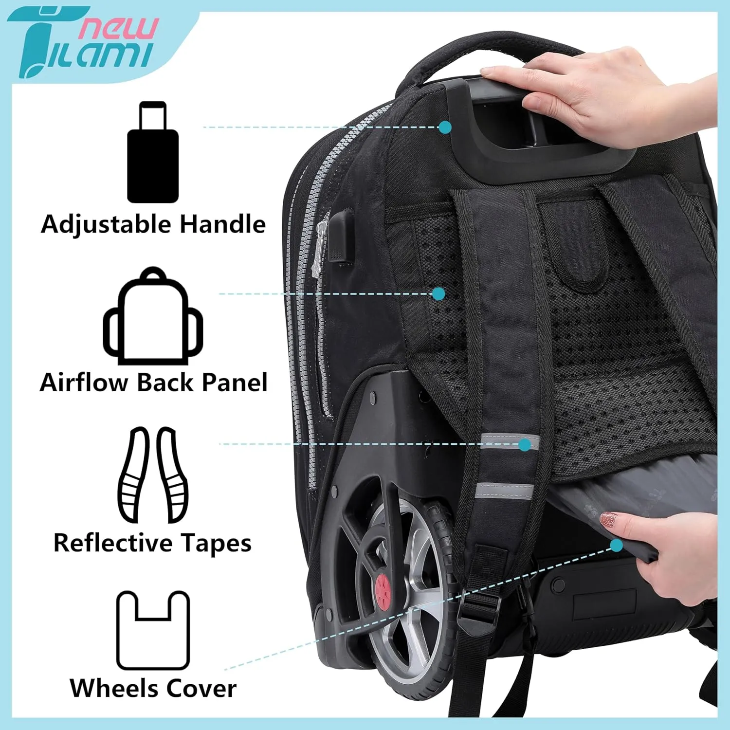 NEW TILAMI 19 Inch Wheeled Laptop Backpack with Lunch Bag Bookbag Roller Travel Bag College Women Men for School Travel, So Handsome