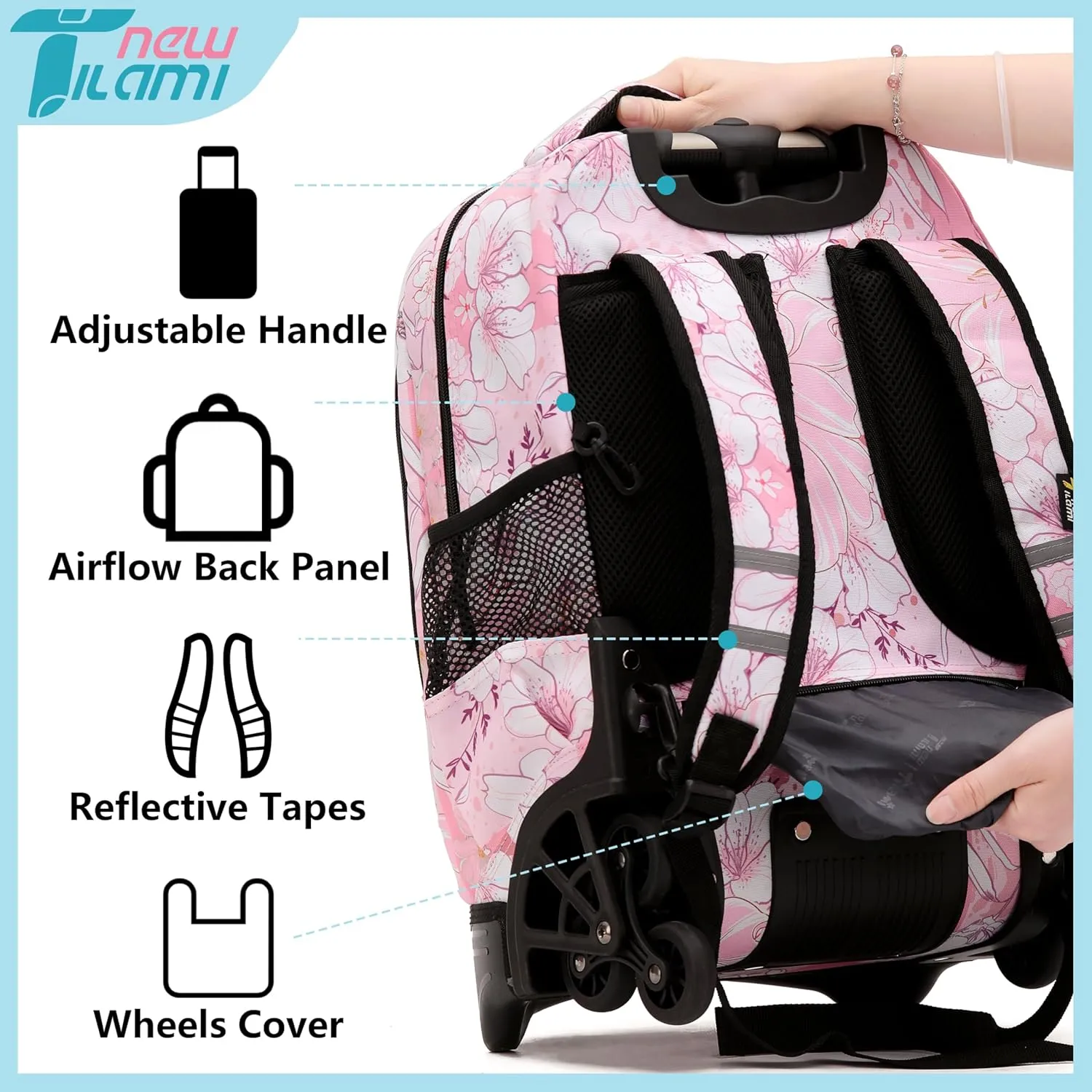 NEW TILAMI Rolling Backpack for Kids, 18 Inches Wheeled Adjustable Laptop Backpack with Wheels for Girls to School Travel Camping Boys Rolling Backpack Flowers Pink