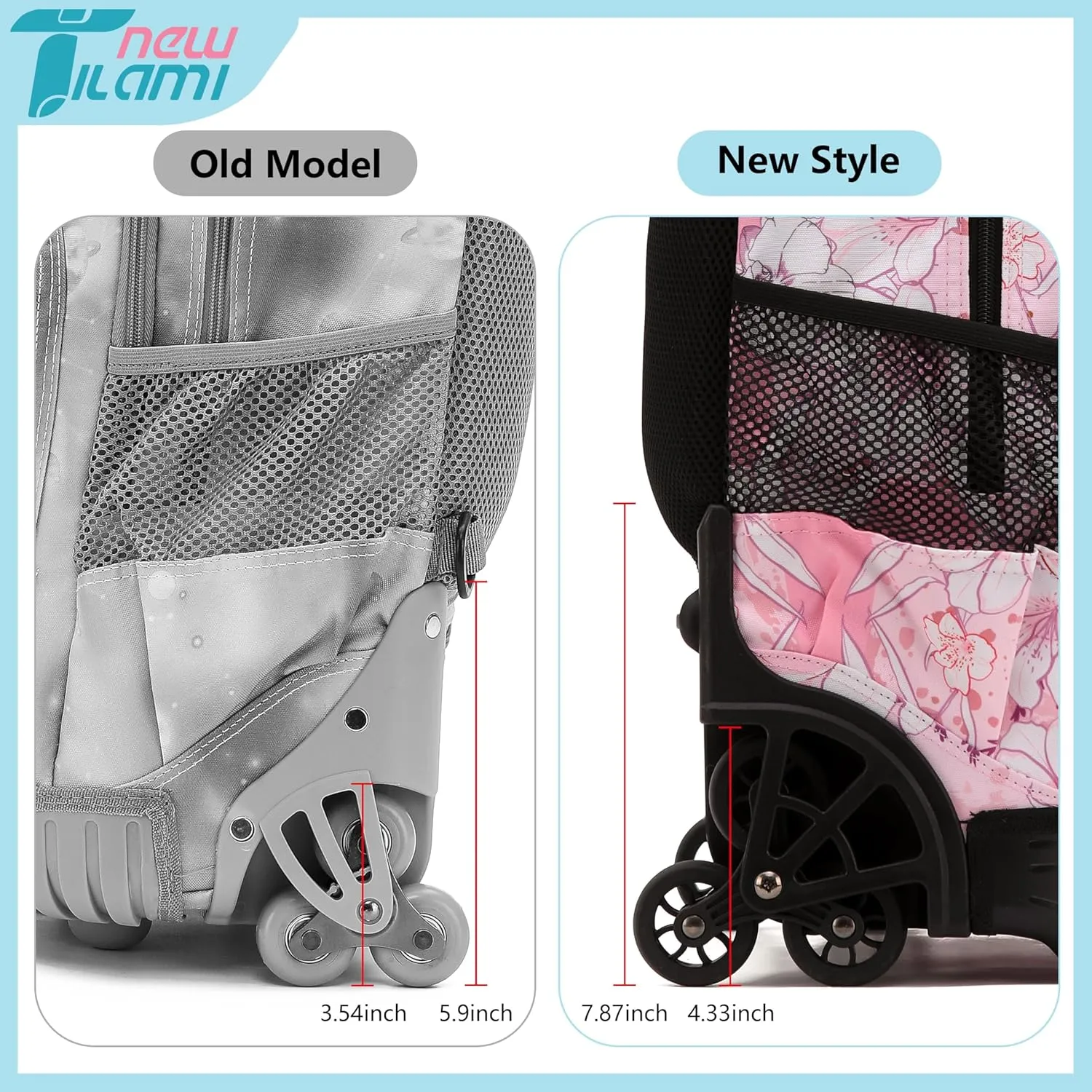 NEW TILAMI Rolling Backpack for Kids, 18 Inches Wheeled Adjustable Laptop Backpack with Wheels for Girls to School Travel Camping Boys Rolling Backpack Flowers Pink