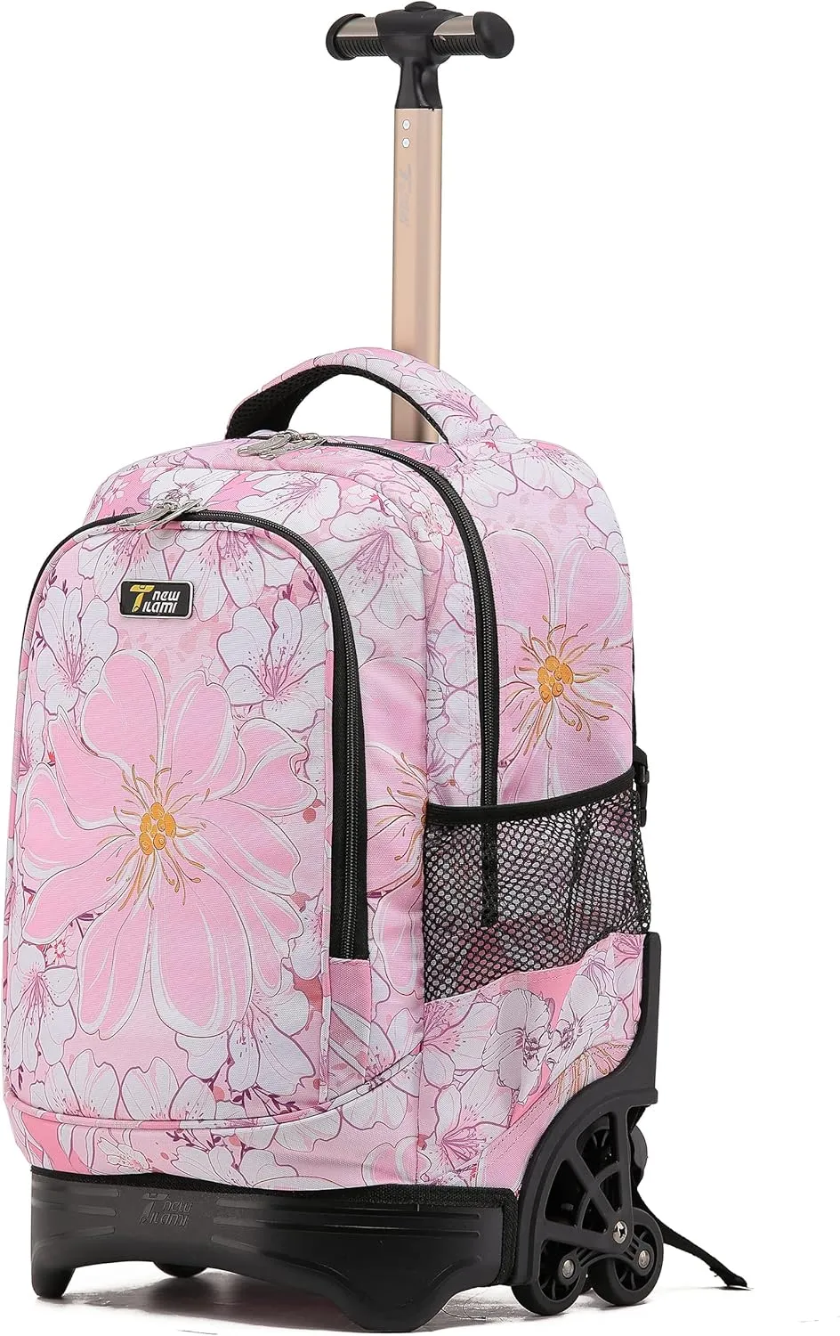 NEW TILAMI Rolling Backpack for Kids, 18 Inches Wheeled Adjustable Laptop Backpack with Wheels for Girls to School Travel Camping Boys Rolling Backpack Flowers Pink
