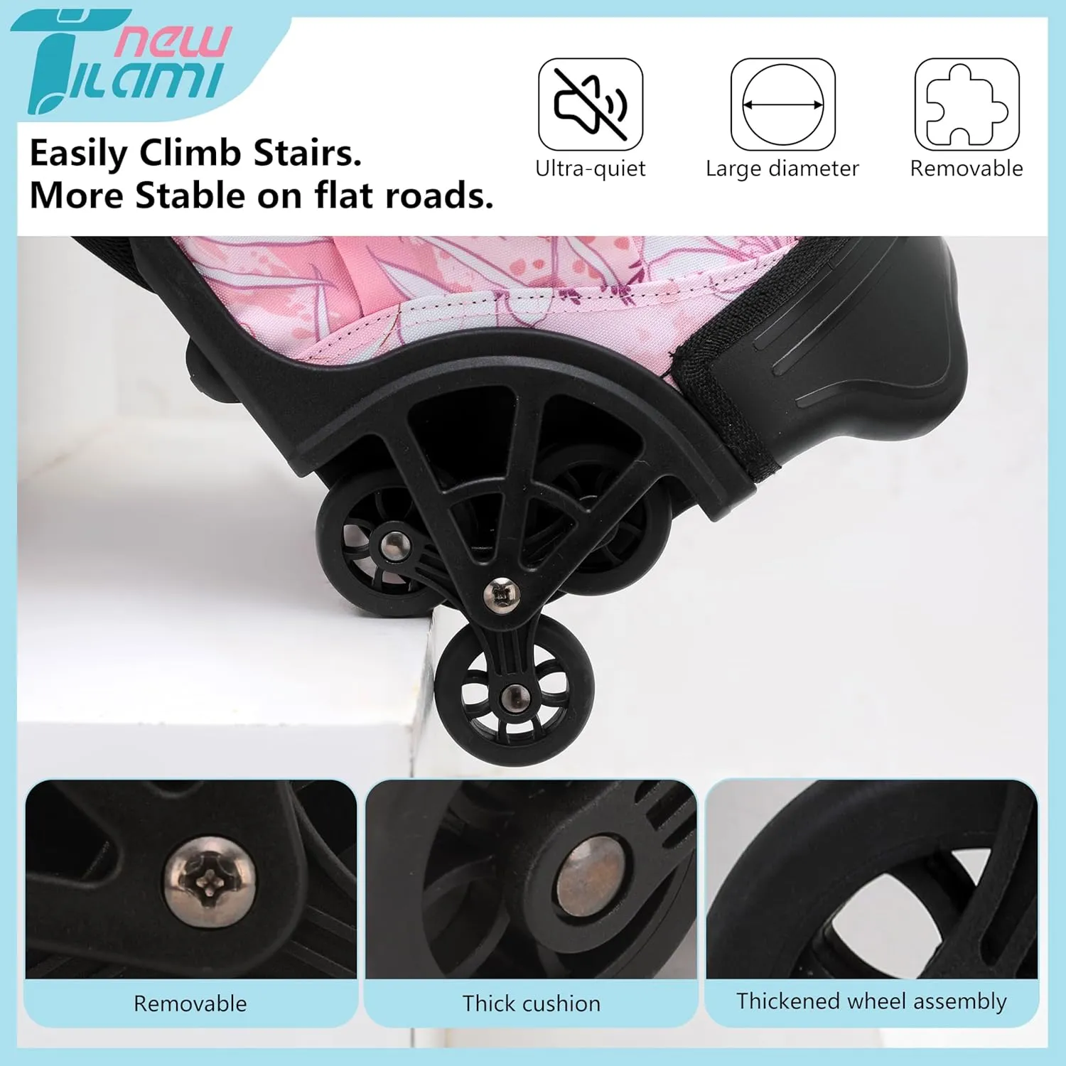 NEW TILAMI Rolling Backpack for Kids, 18 Inches Wheeled Adjustable Laptop Backpack with Wheels for Girls to School Travel Camping Boys Rolling Backpack Flowers Pink