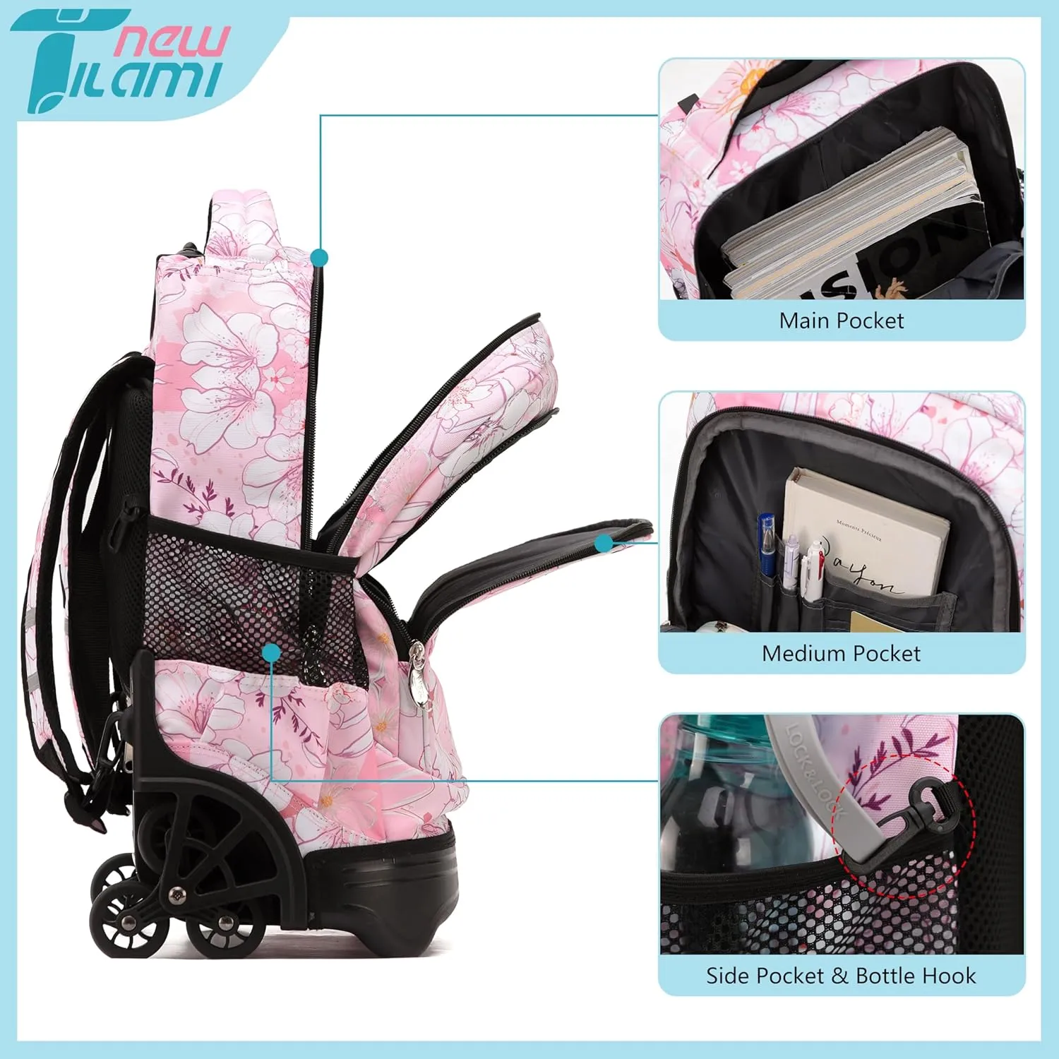 NEW TILAMI Rolling Backpack for Kids, 18 Inches Wheeled Adjustable Laptop Backpack with Wheels for Girls to School Travel Camping Boys Rolling Backpack Flowers Pink