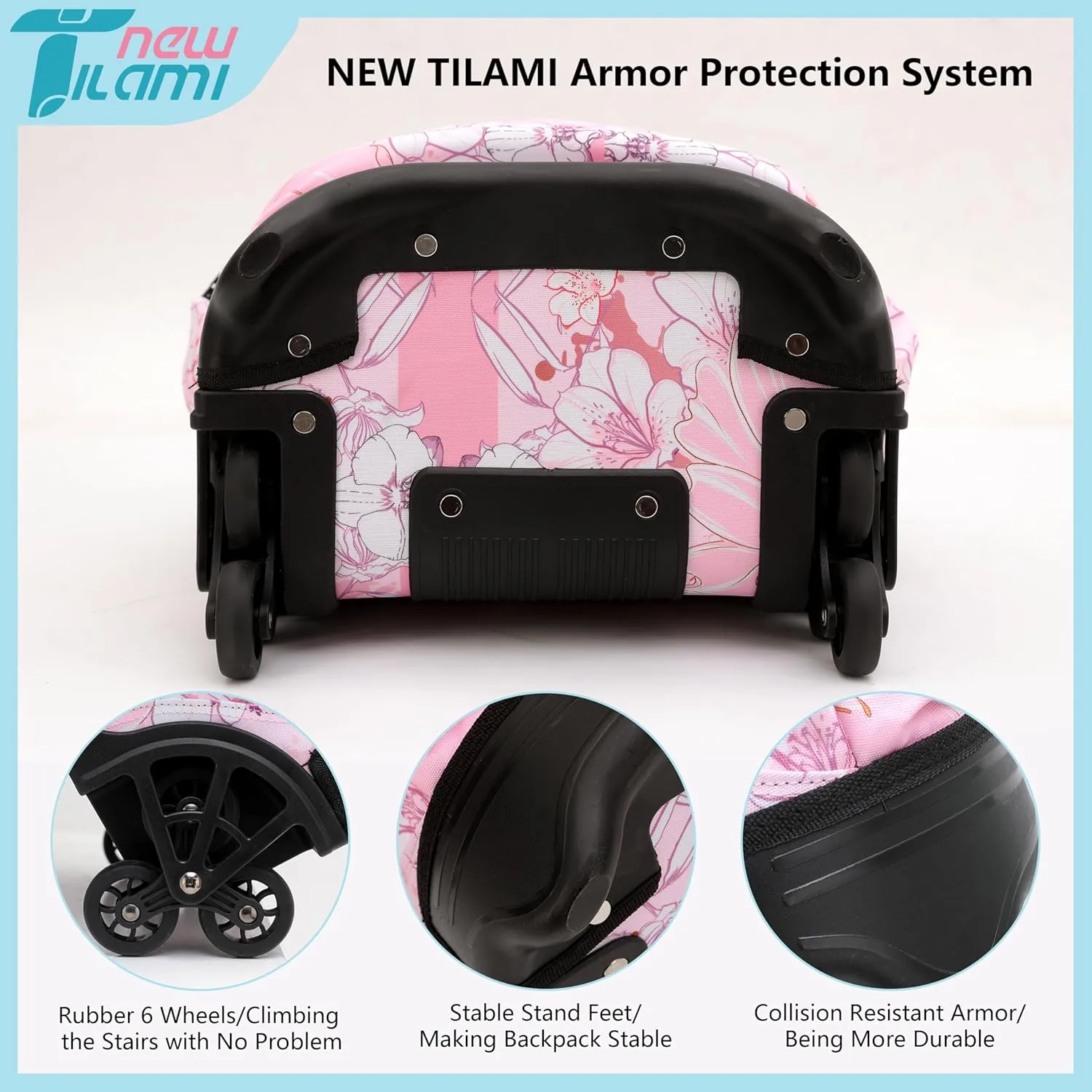 NEW TILAMI Rolling Backpack for Kids, 18 Inches Wheeled Adjustable Laptop Backpack with Wheels for Girls to School Travel Camping Boys Rolling Backpack Flowers Pink