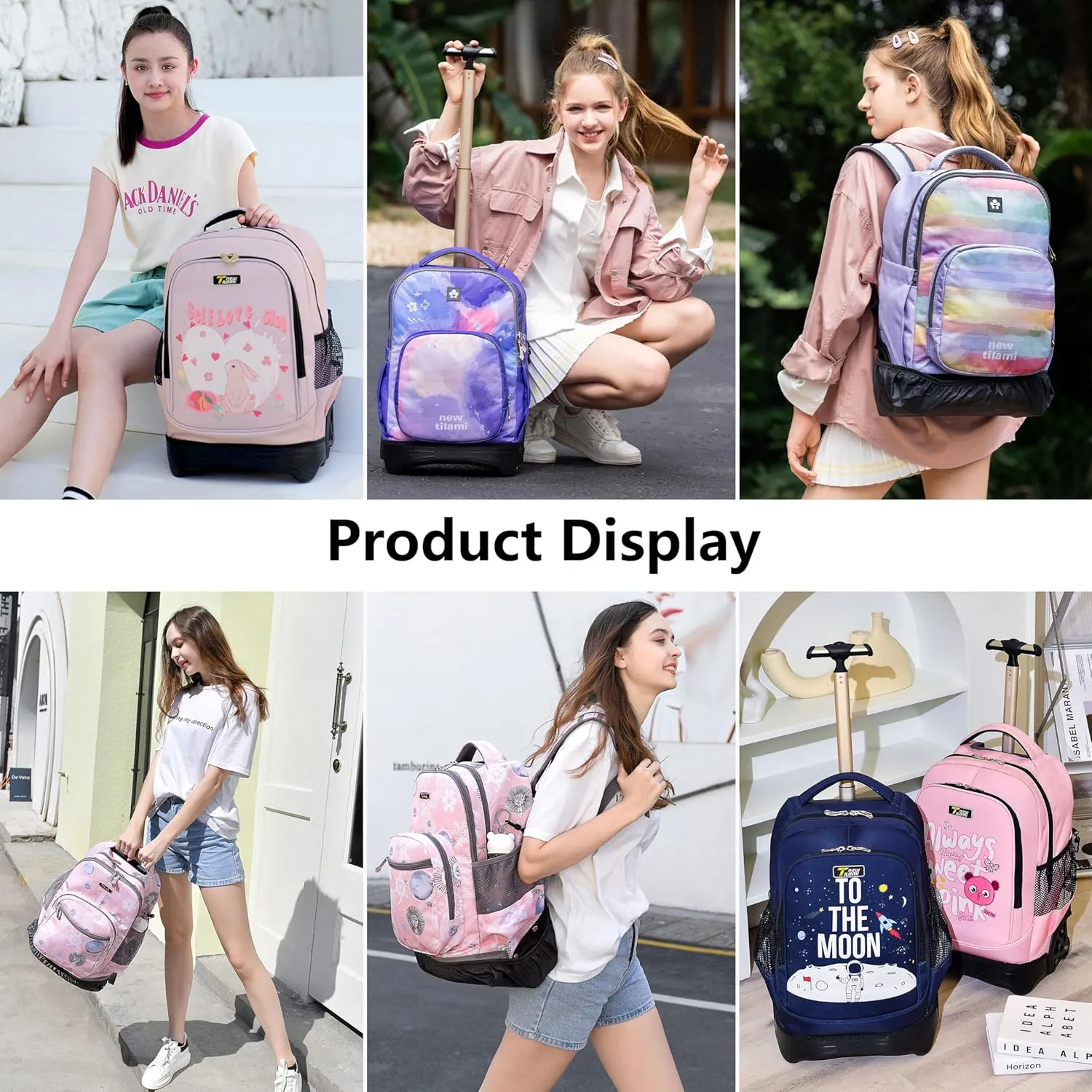 NEW TILAMI Rolling Backpack for Kids, 18 Inches Wheeled Adjustable Laptop Backpack with Wheels for Girls to School Travel Camping Boys Rolling Backpack Flowers Pink