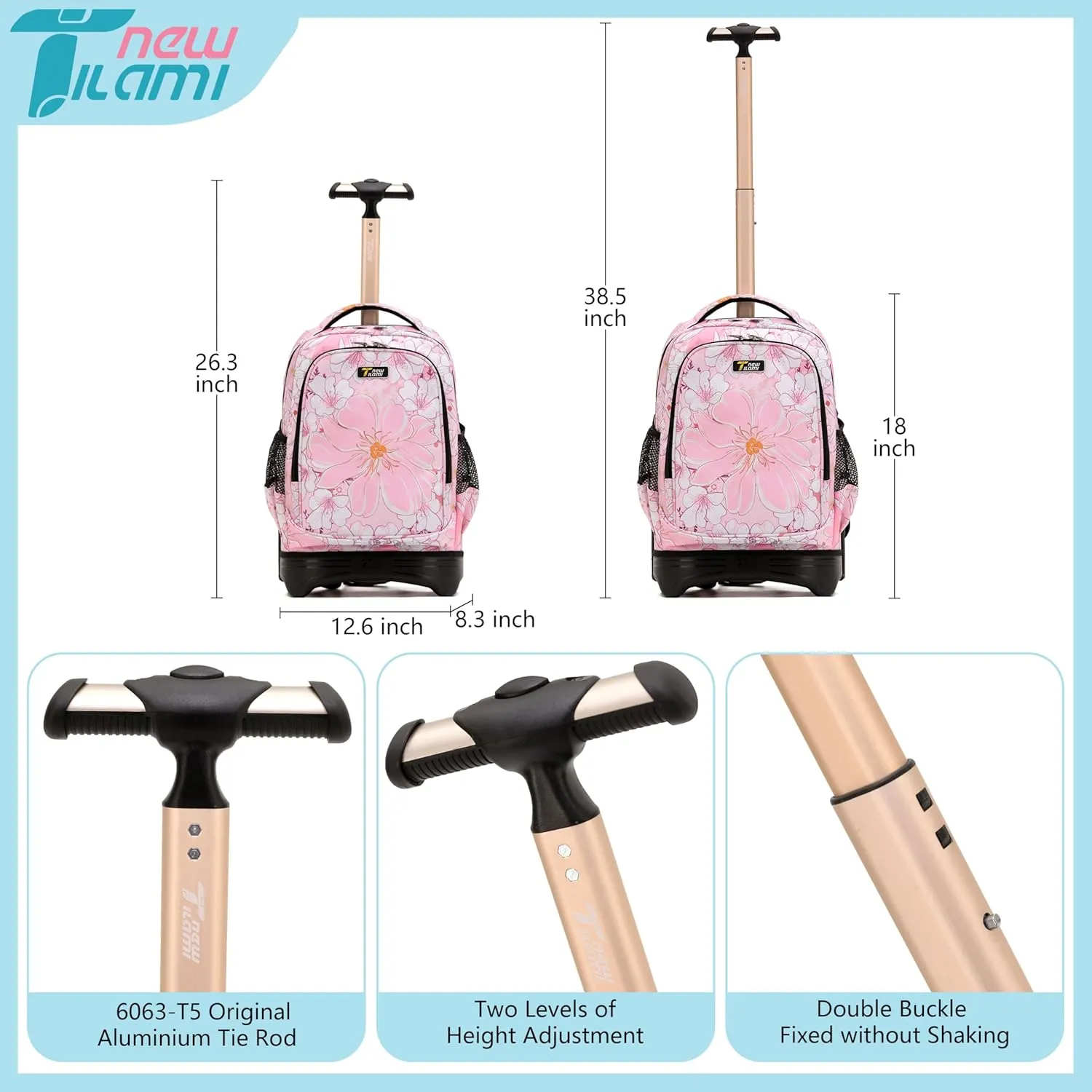 NEW TILAMI Rolling Backpack for Kids, 18 Inches Wheeled Adjustable Laptop Backpack with Wheels for Girls to School Travel Camping Boys Rolling Backpack Flowers Pink