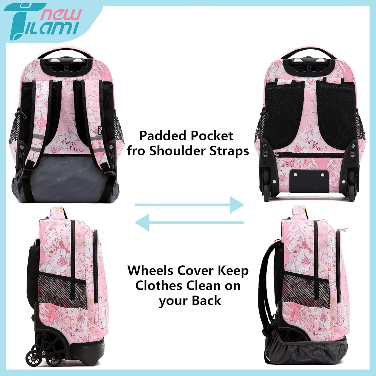 NEW TILAMI Rolling Backpack for Kids, 18 Inches Wheeled Adjustable Laptop Backpack with Wheels for Girls to School Travel Camping Boys Rolling Backpack Flowers Pink