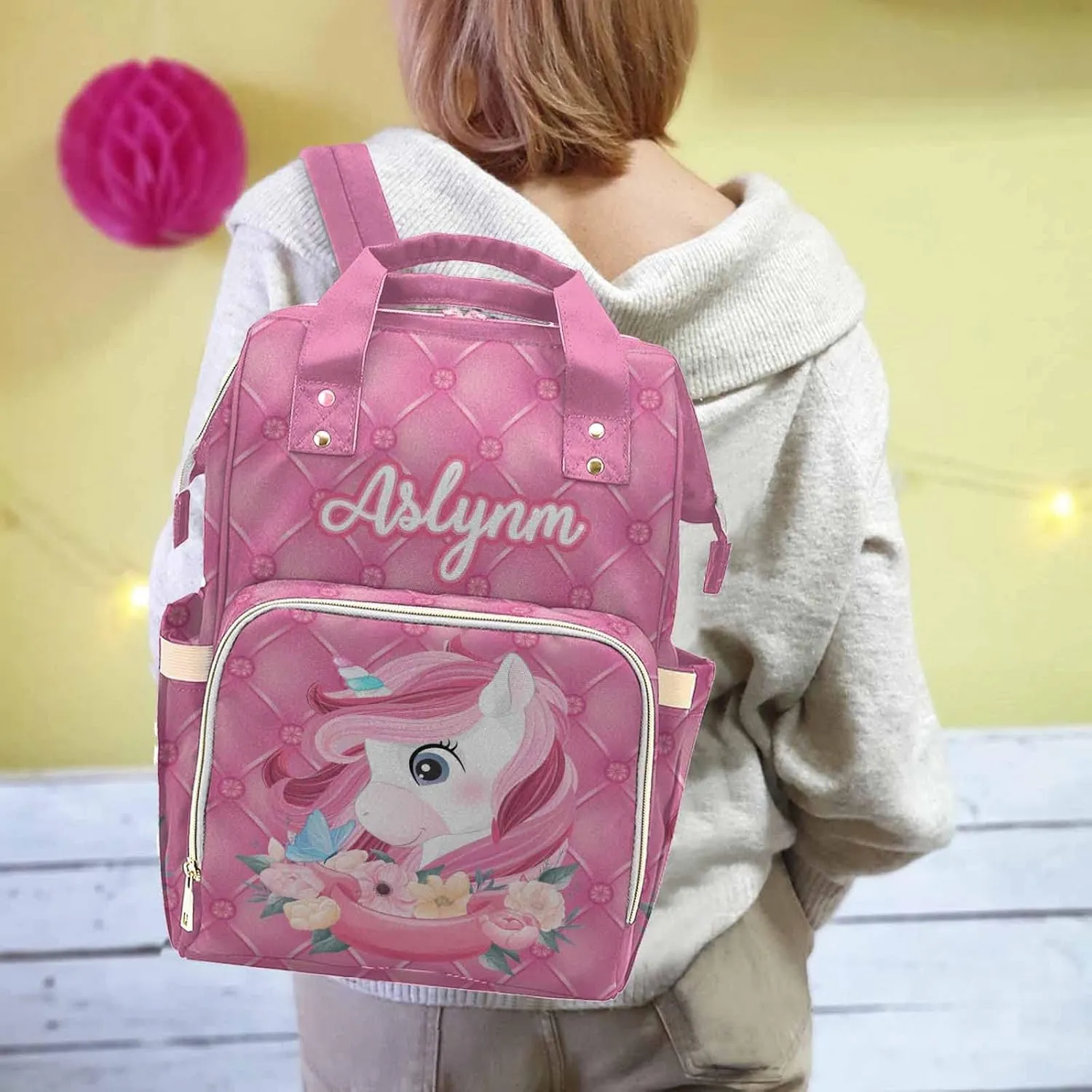 Newcos Custom Name Diaper Bag for Women, Personalized Name Multifunction Nylon Nursing Mommy Daypack with Large Capacity for Travel, Birthday Mother's Day