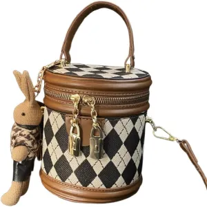 Niche Crossbody Bag Texted Rhombic Portable Bucket Bag-Brown Pendant