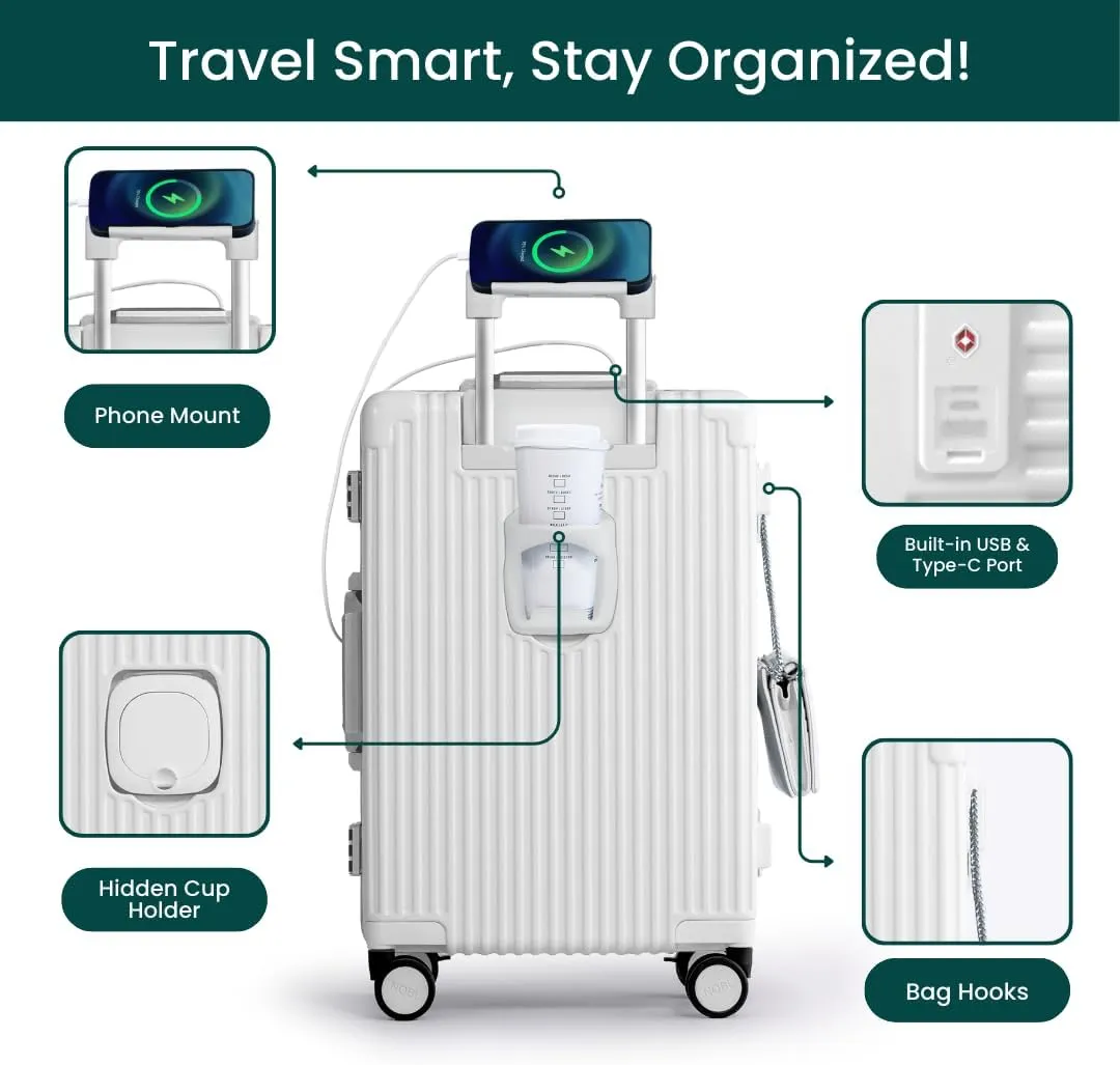 Nobl Travel Carry On Luggage, Noble Zipperless Aluminum Frame PC Hard Shell Suitcase, 23.5x15.5x10 Airline Approved, 360° Spinner Wheels, TSA Locks, USB Charging Port, Cup & Phone Holder - White