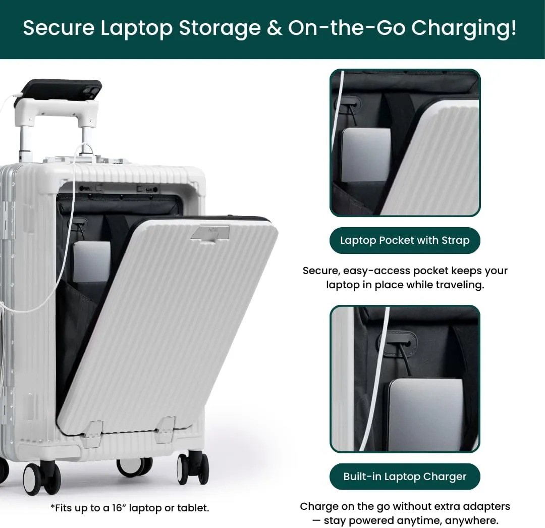 Nobl Travel Carry On Luggage, Noble Zipperless Aluminum Frame PC Hard Shell Suitcase, 23.5x15.5x10 Airline Approved, 360° Spinner Wheels, TSA Locks, USB Charging Port, Cup & Phone Holder - White