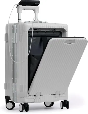 Nobl Travel Carry On Luggage, Noble Zipperless Aluminum Frame PC Hard Shell Suitcase, 23.5x15.5x10 Airline Approved, 360° Spinner Wheels, TSA Locks, USB Charging Port, Cup & Phone Holder - White