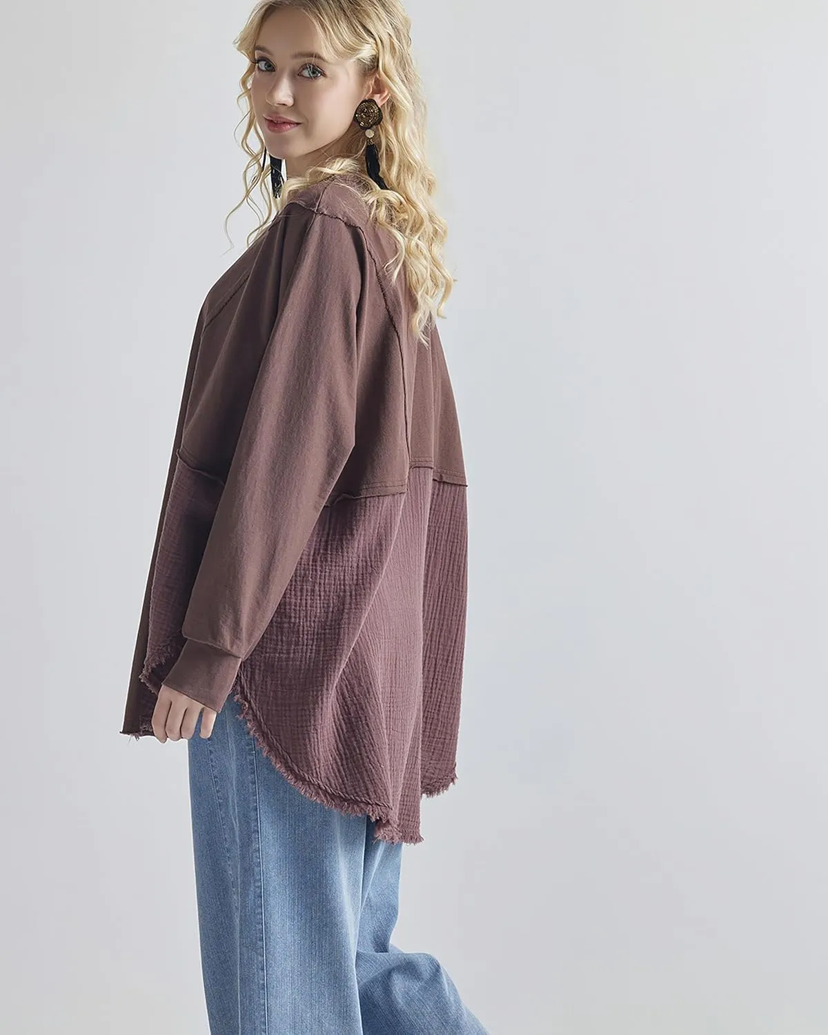 noflik 100% Cotton Comfy Oversized Round Side Slit Contrast Top & Pleat Detail Ballon Sleeve High and Low Top