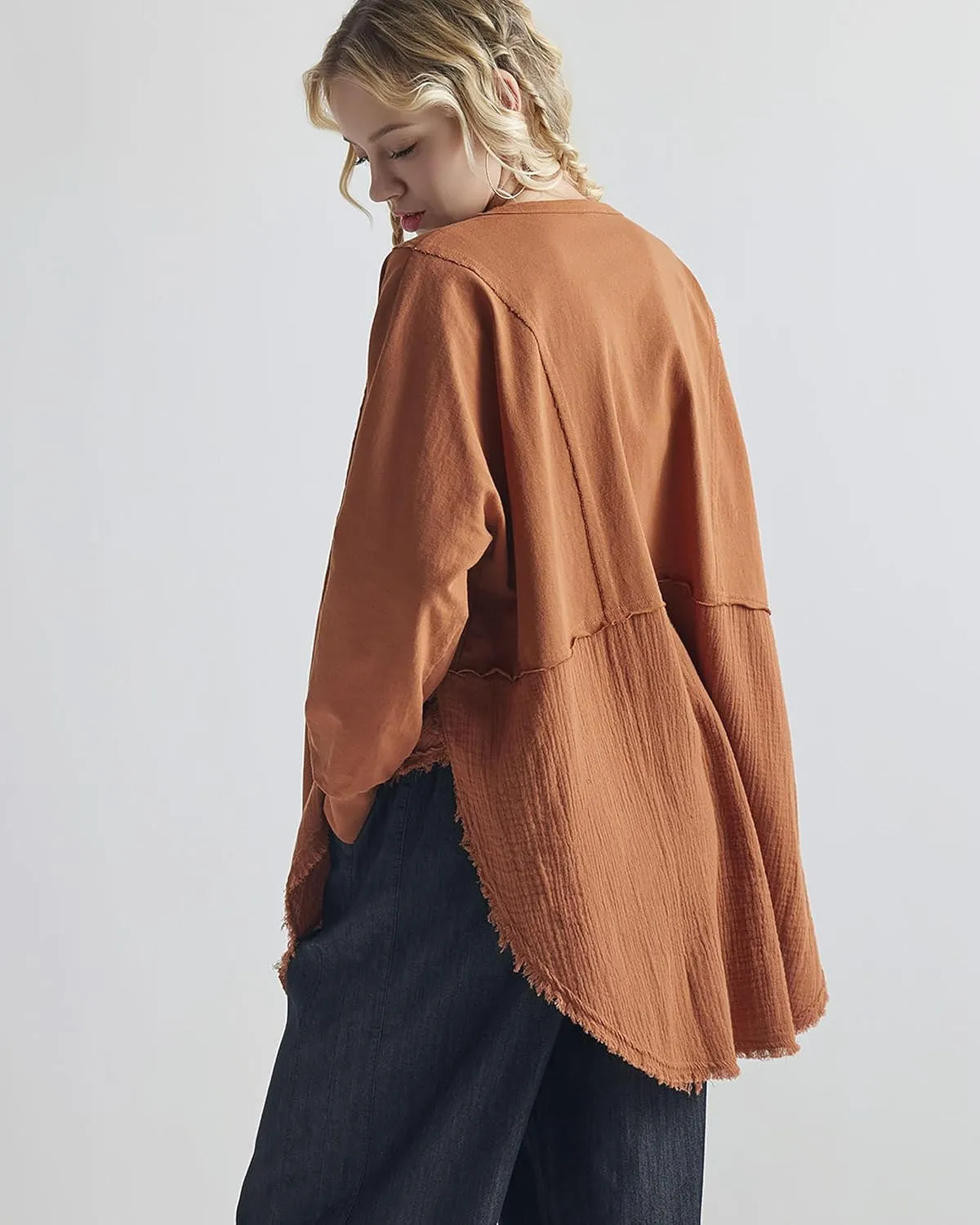 noflik 100% Cotton Comfy Oversized Round Side Slit Contrast Top & Pleat Detail Ballon Sleeve High and Low Top