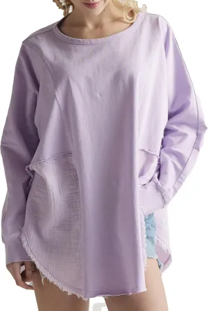 noflik 100% Cotton Comfy Oversized Round Side Slit Contrast Top & Pleat Detail Ballon Sleeve High and Low Top