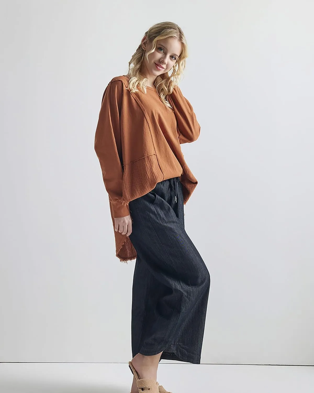 noflik 100% Cotton Comfy Oversized Round Side Slit Contrast Top & Pleat Detail Ballon Sleeve High and Low Top