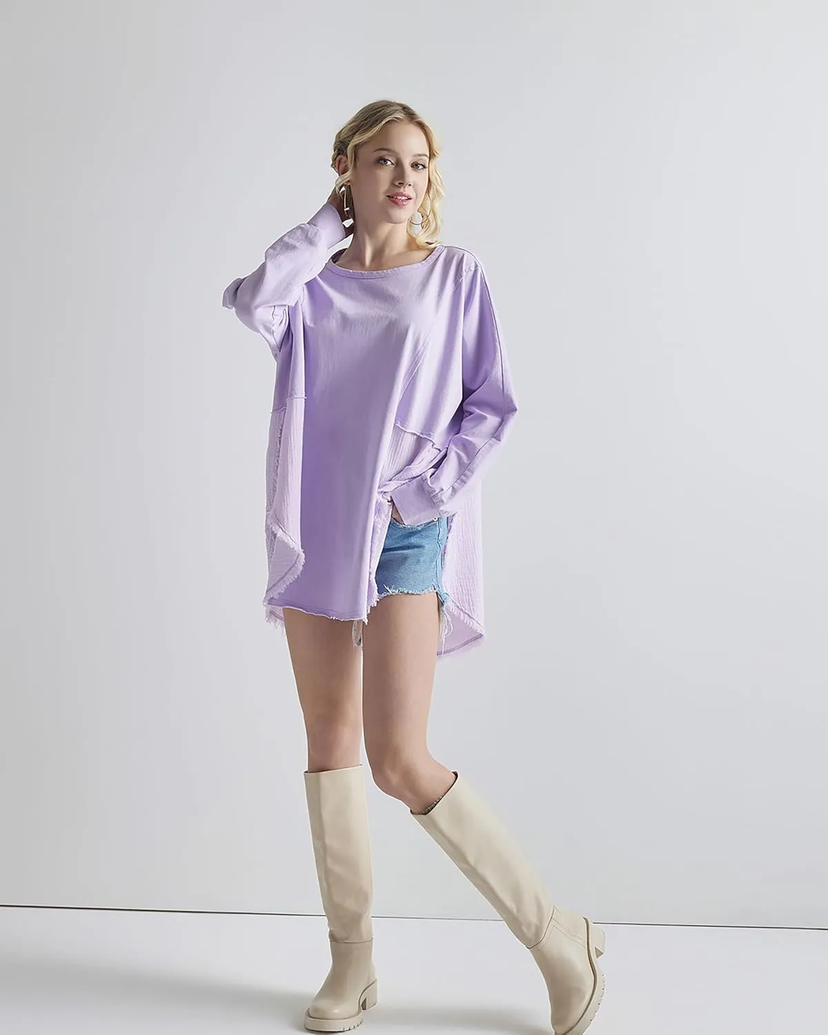 noflik 100% Cotton Comfy Oversized Round Side Slit Contrast Top & Pleat Detail Ballon Sleeve High and Low Top