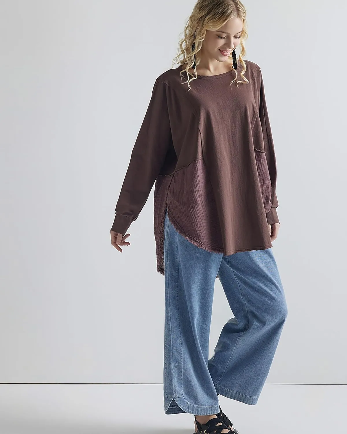 noflik 100% Cotton Comfy Oversized Round Side Slit Contrast Top & Pleat Detail Ballon Sleeve High and Low Top