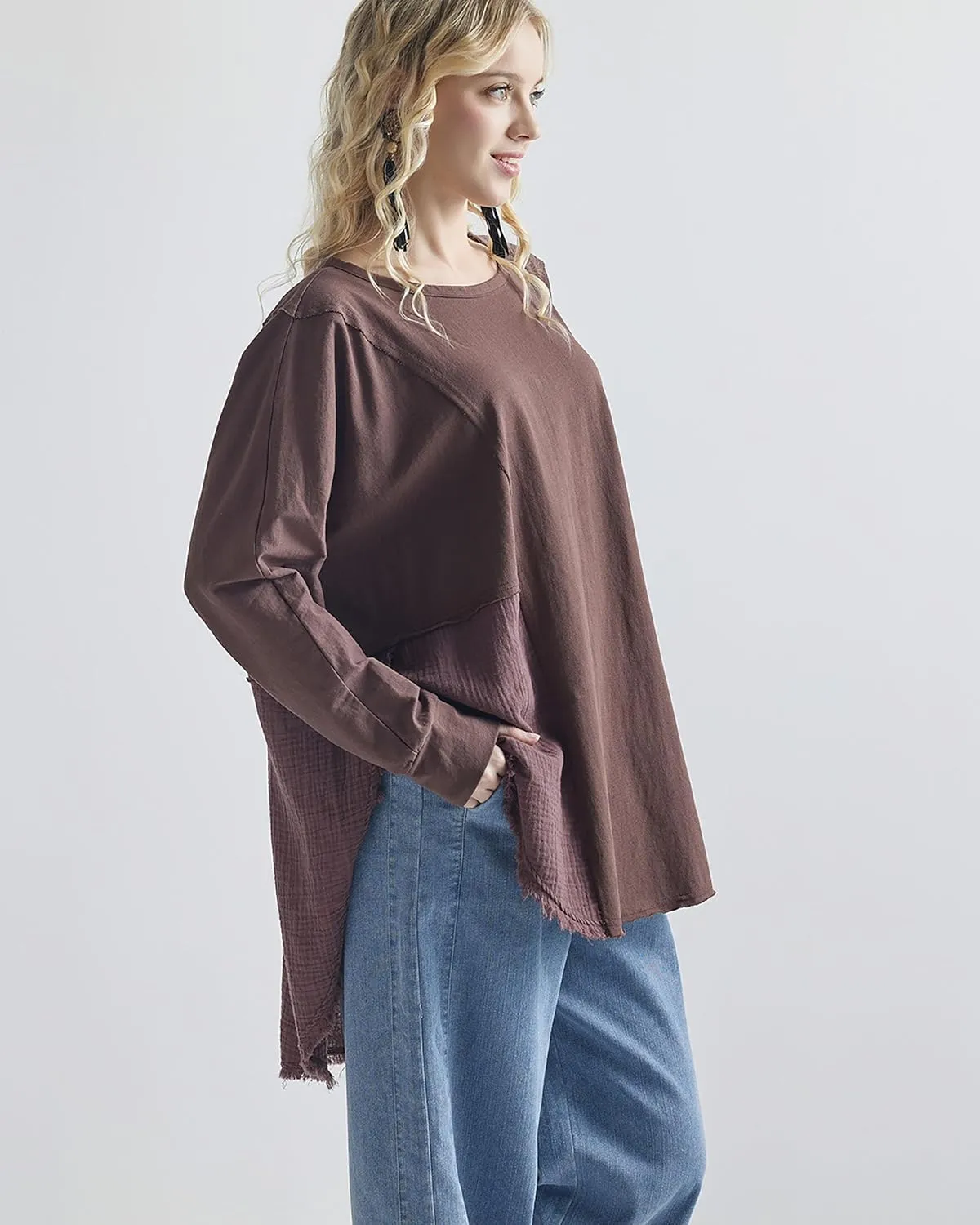 noflik 100% Cotton Comfy Oversized Round Side Slit Contrast Top & Pleat Detail Ballon Sleeve High and Low Top