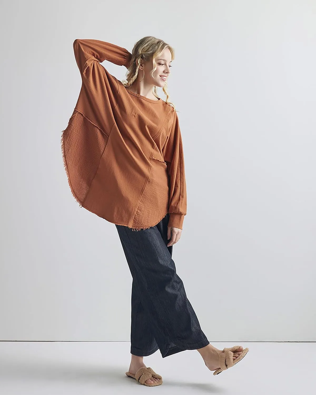noflik 100% Cotton Comfy Oversized Round Side Slit Contrast Top & Pleat Detail Ballon Sleeve High and Low Top