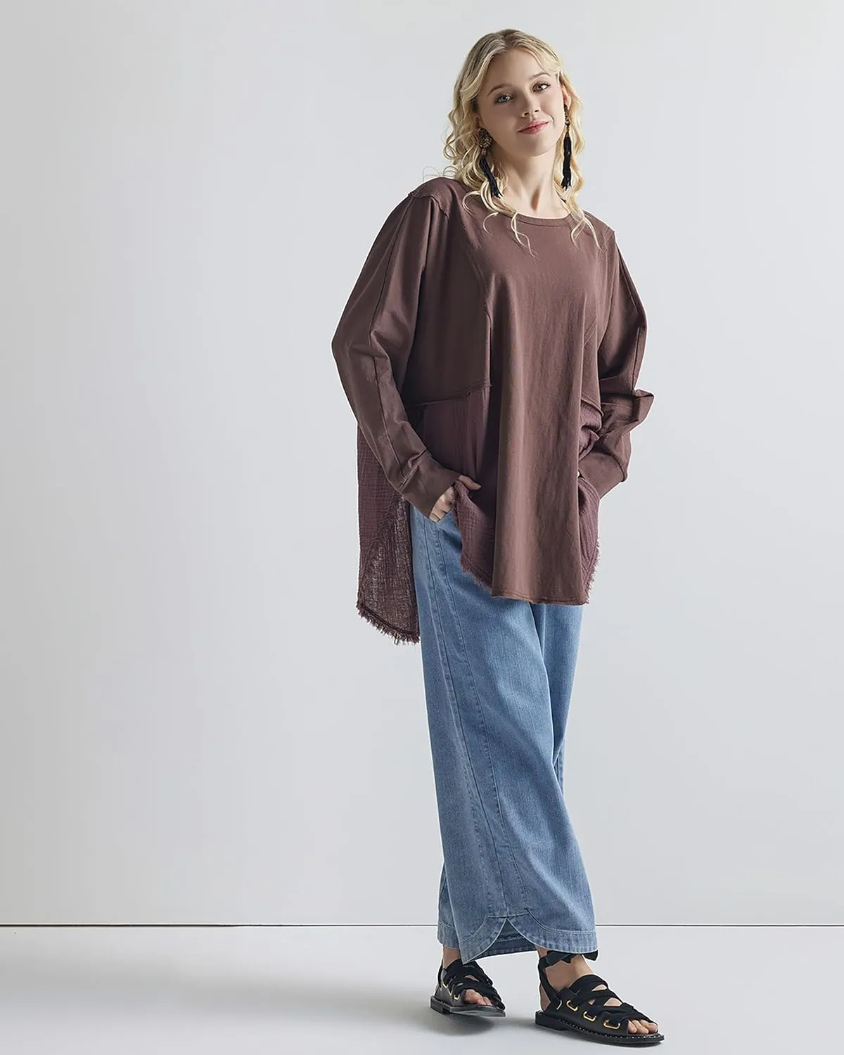 noflik 100% Cotton Comfy Oversized Round Side Slit Contrast Top & Pleat Detail Ballon Sleeve High and Low Top