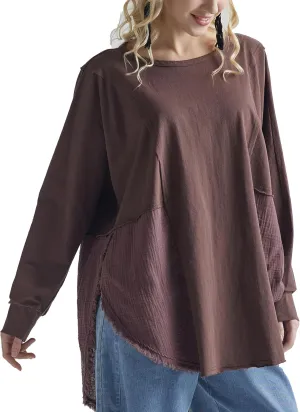 noflik 100% Cotton Comfy Oversized Round Side Slit Contrast Top & Pleat Detail Ballon Sleeve High and Low Top