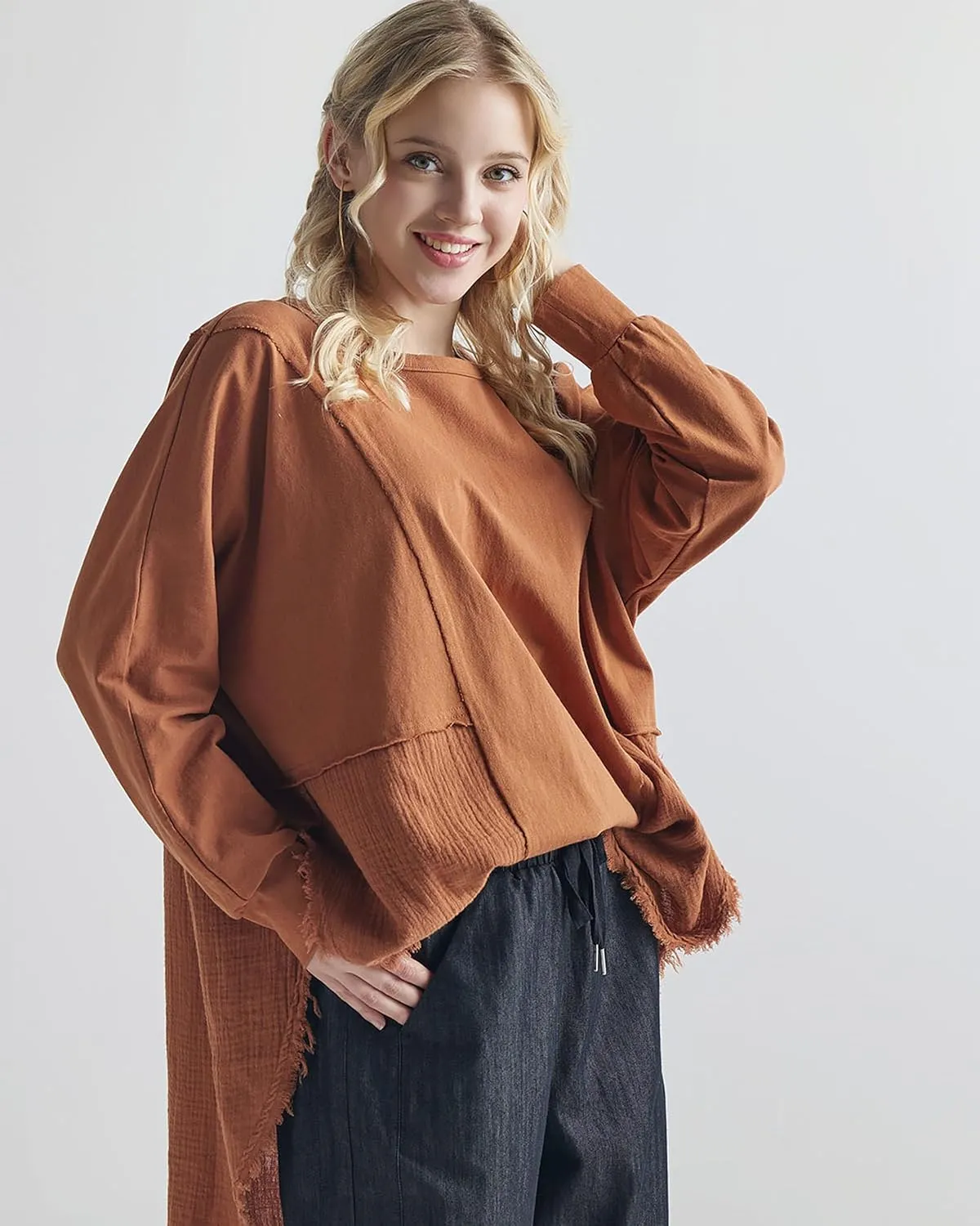 noflik 100% Cotton Comfy Oversized Round Side Slit Contrast Top & Pleat Detail Ballon Sleeve High and Low Top
