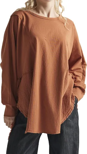 noflik 100% Cotton Comfy Oversized Round Side Slit Contrast Top & Pleat Detail Ballon Sleeve High and Low Top