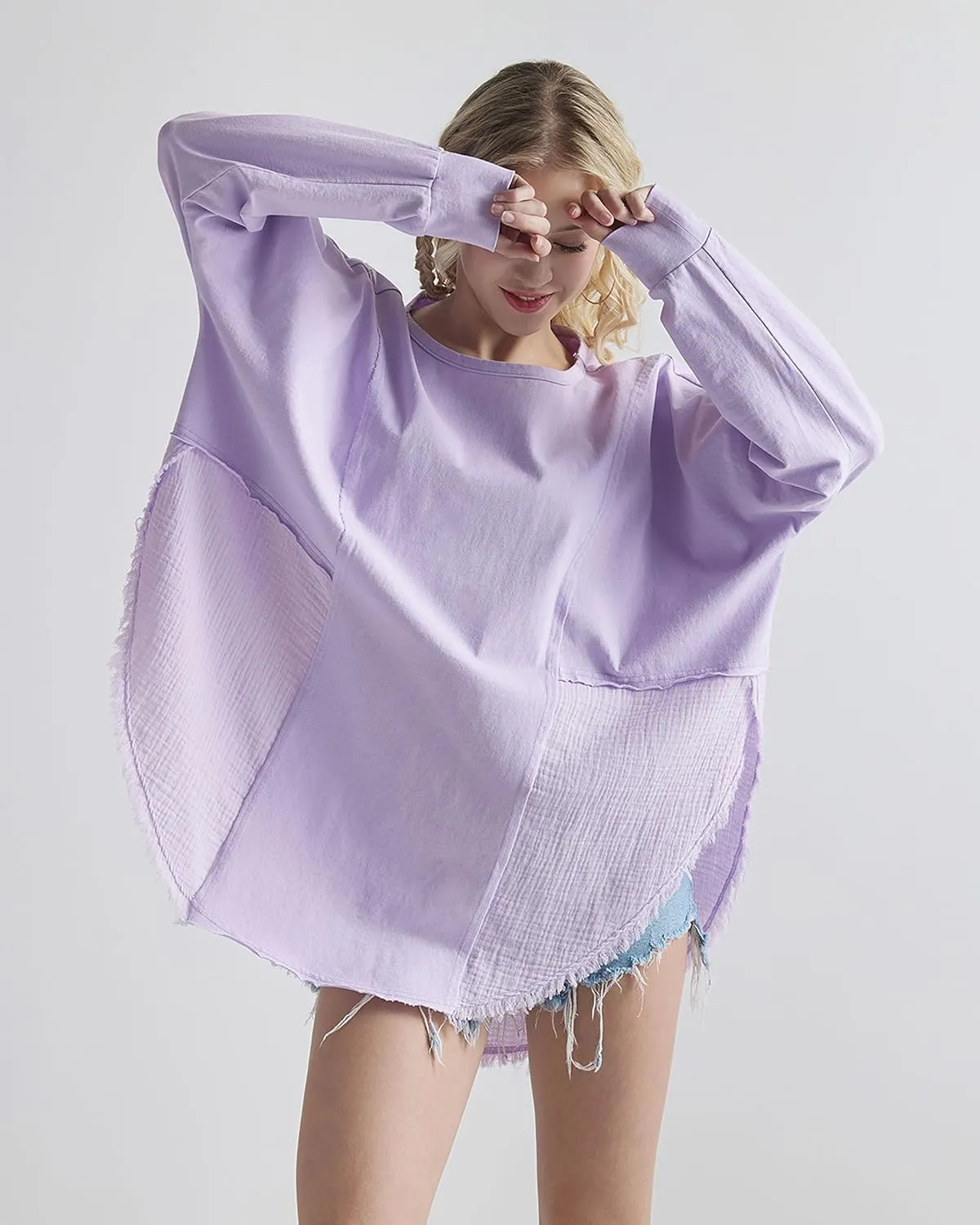 noflik 100% Cotton Comfy Oversized Round Side Slit Contrast Top & Pleat Detail Ballon Sleeve High and Low Top